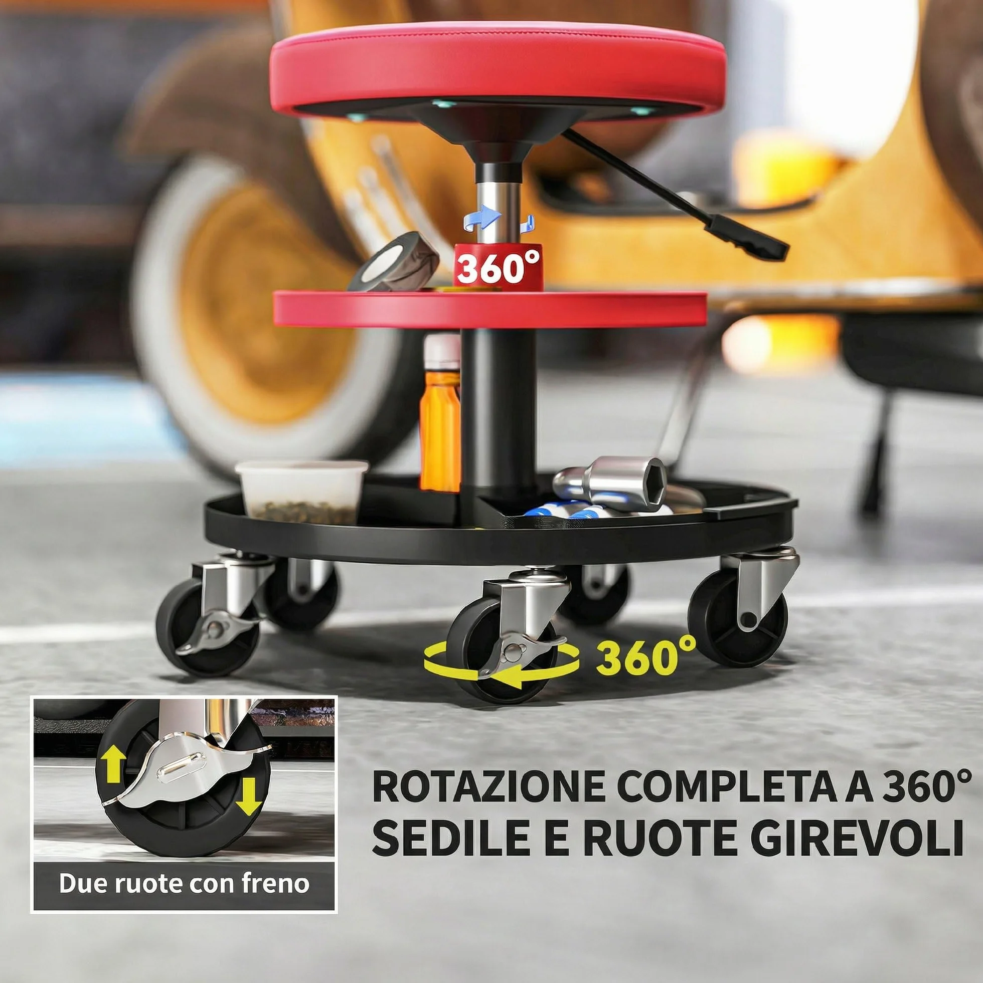HOMCOM Sgabello da Officina con Ruote, Altezza Regolabile 40-51 cm, Sedile Imbottito, Capacità 135 kg, Rosso