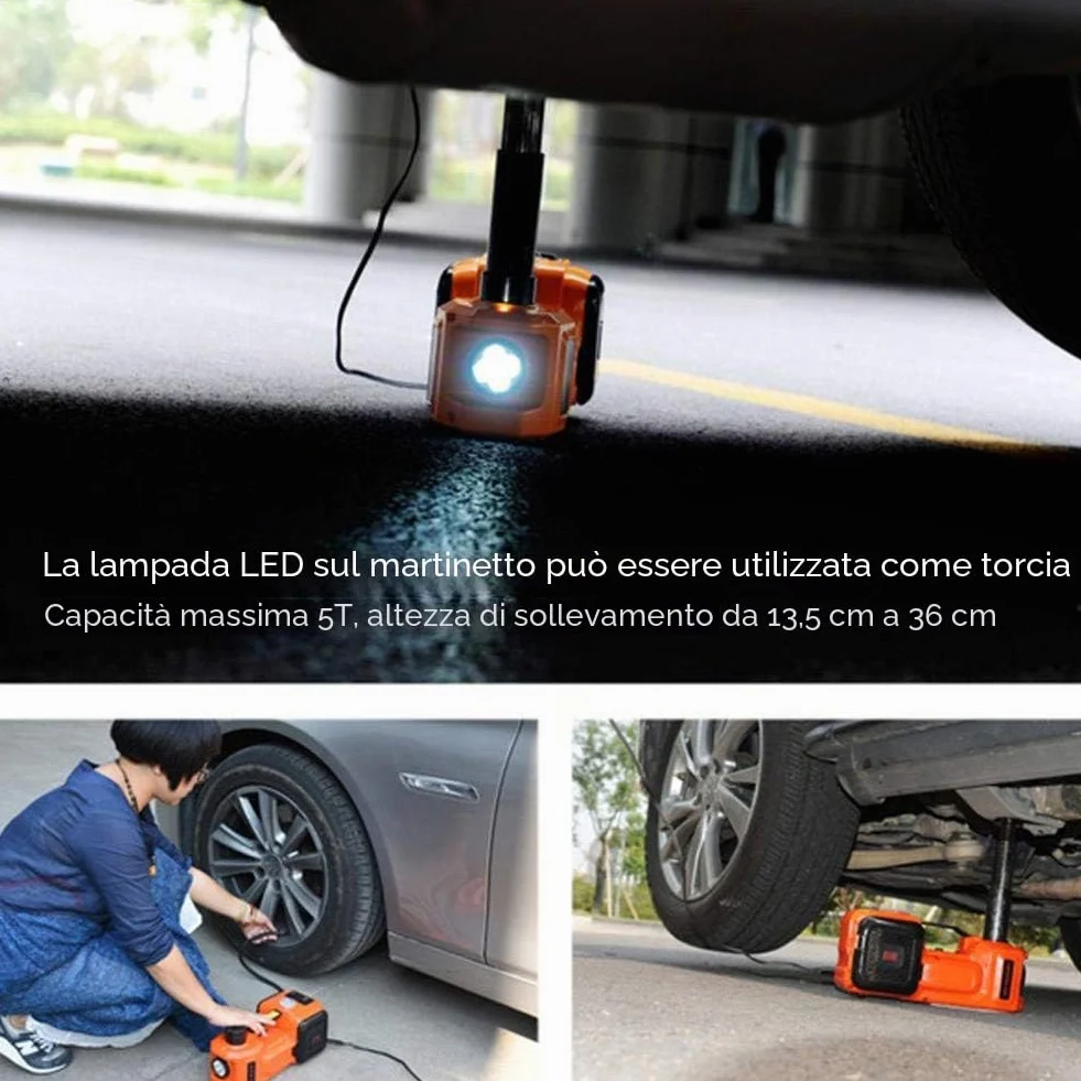 VOBOR Cric Elettrico 5T, 12V Sollevatore Auto Martinetto Idraulico con Pompa di Gonfiaggio e Fari A LED, 135-360 mm Car Electric Jack per Auto e SUV