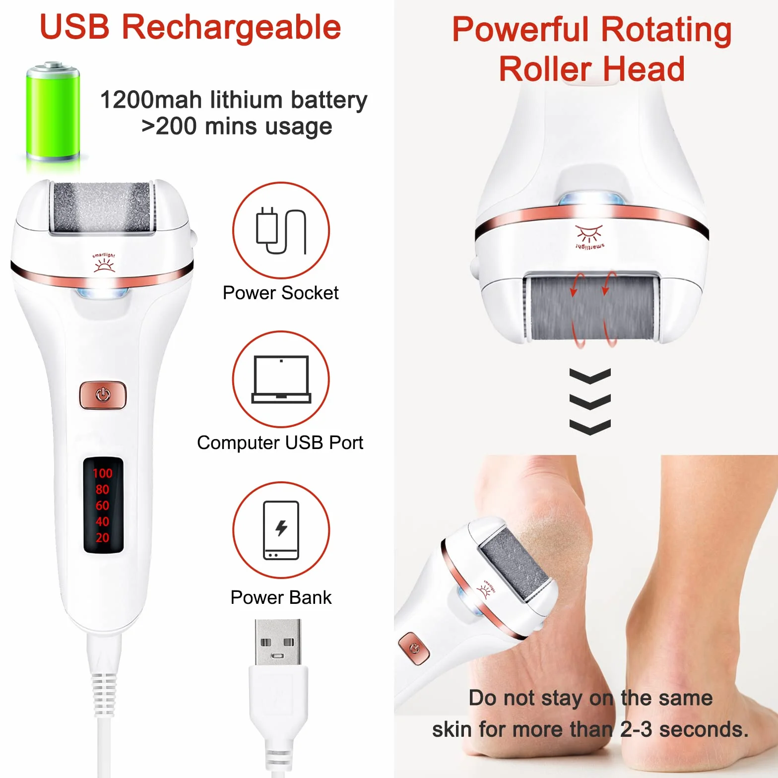 Profesjonalny Pedicure Elettrico - Aottom Piedi Roll Lima Elettrica Ricaricabile con 3 Rulli Ricambio