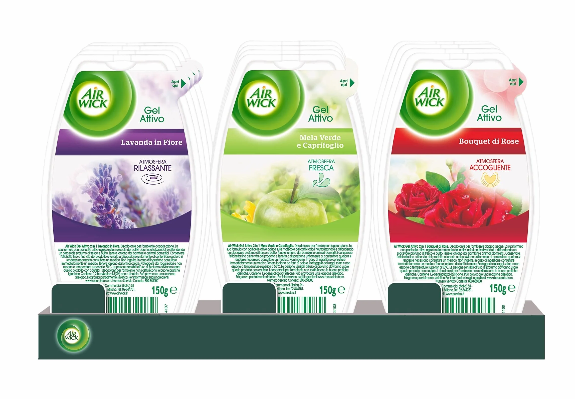 Air Wick Deodorante Ambiente Gel Attivo 12 Pezzi Fragranze Miste Mela Verde Caprifoglio Lavanda Bouquet Rose
