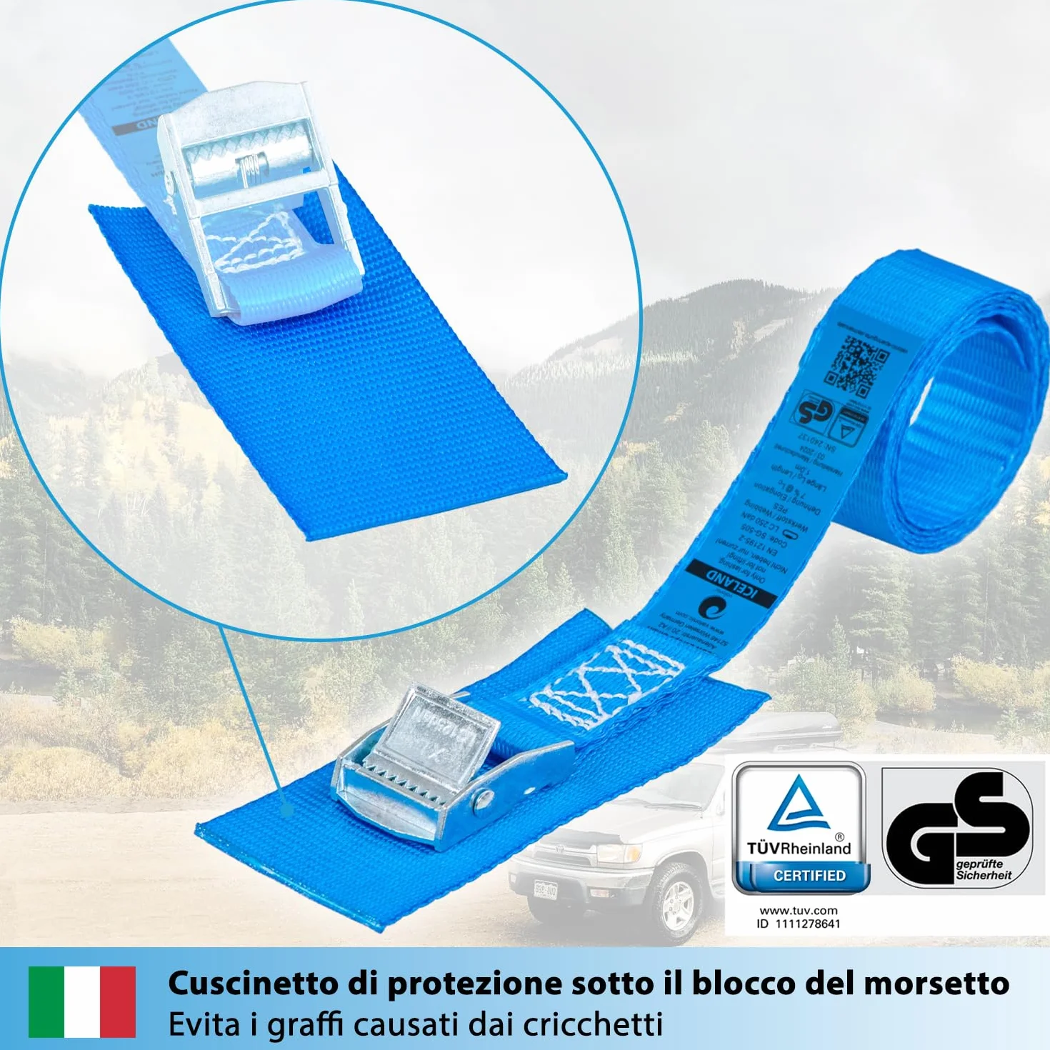 Valonic ICELAND Cinghie di fissaggio 25mm 250 Kg EN-12195-2 50cm blu