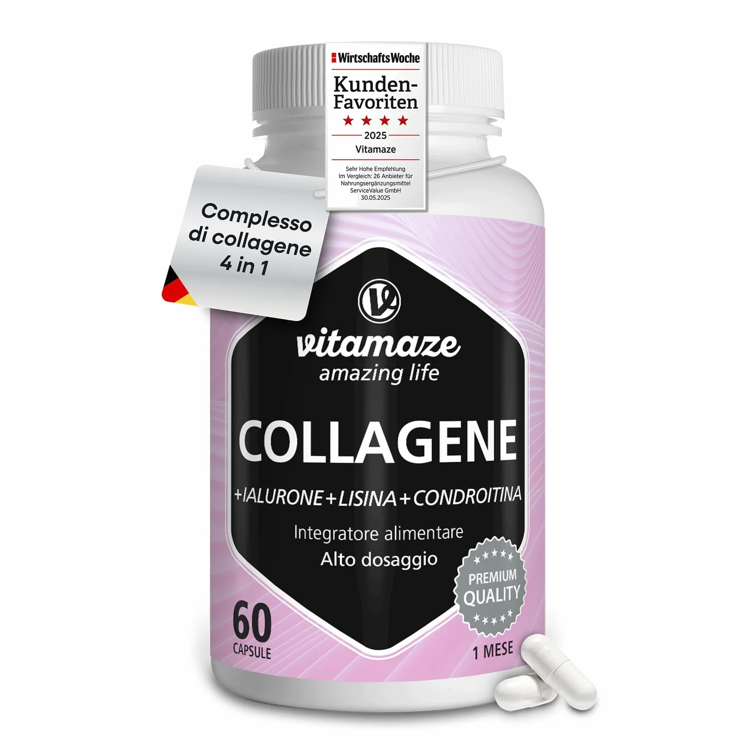 Vitamaze® Collagene con Acido Ialuronico + Condroitina + Lisina, 60 Capsule, Integratore per Pelle, Ossa e Articolazioni