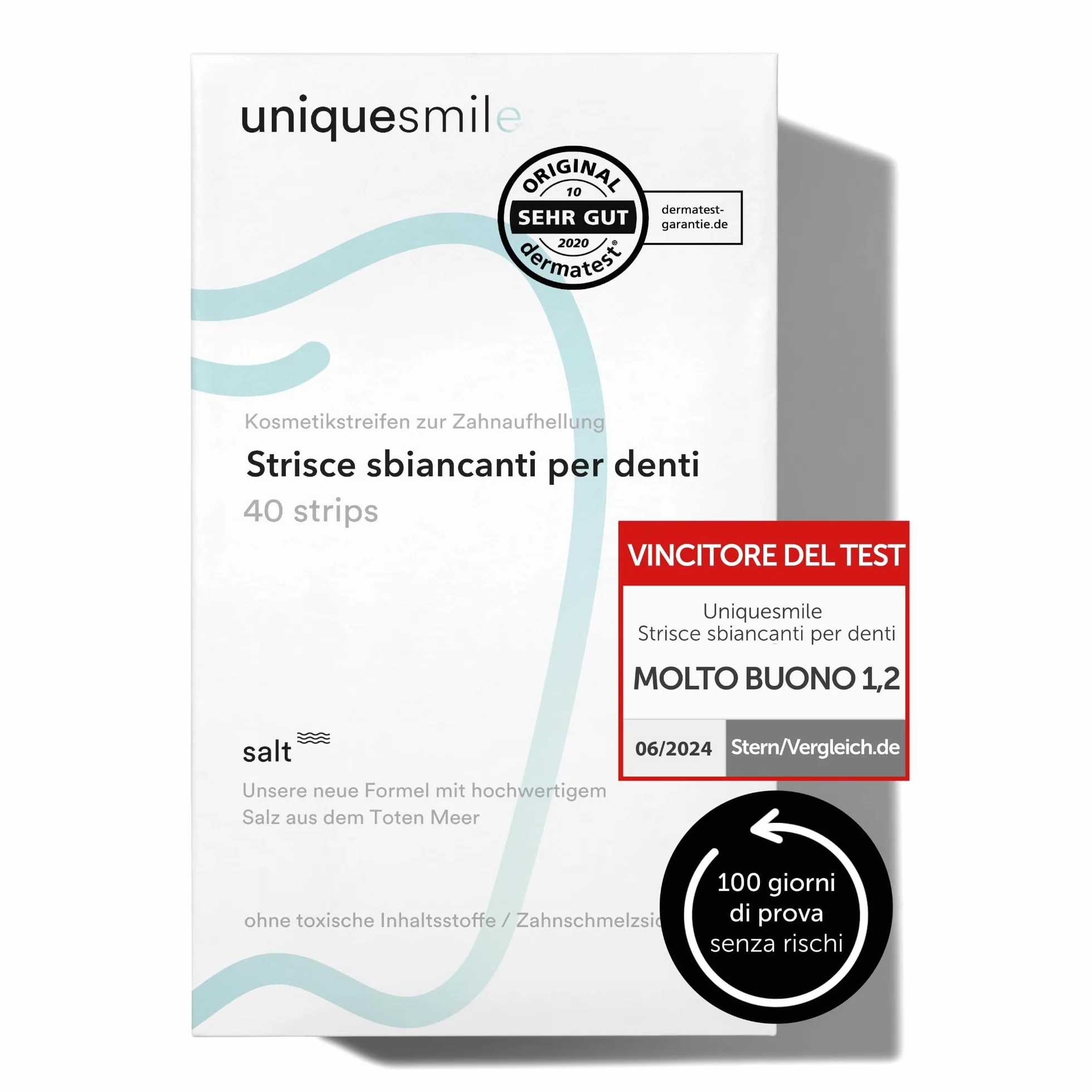 Uniquesmile Strisce sbiancanti denti senza perossido formula innovativa ingredienti naturali set 40 pezzi