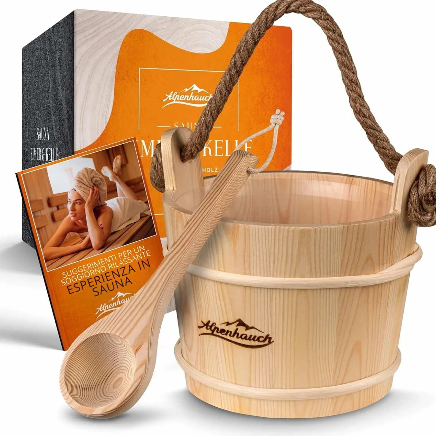 ALPENHAUCH Secchio per sauna con cazzuola legno naturale, set accessori durevoli per infusione