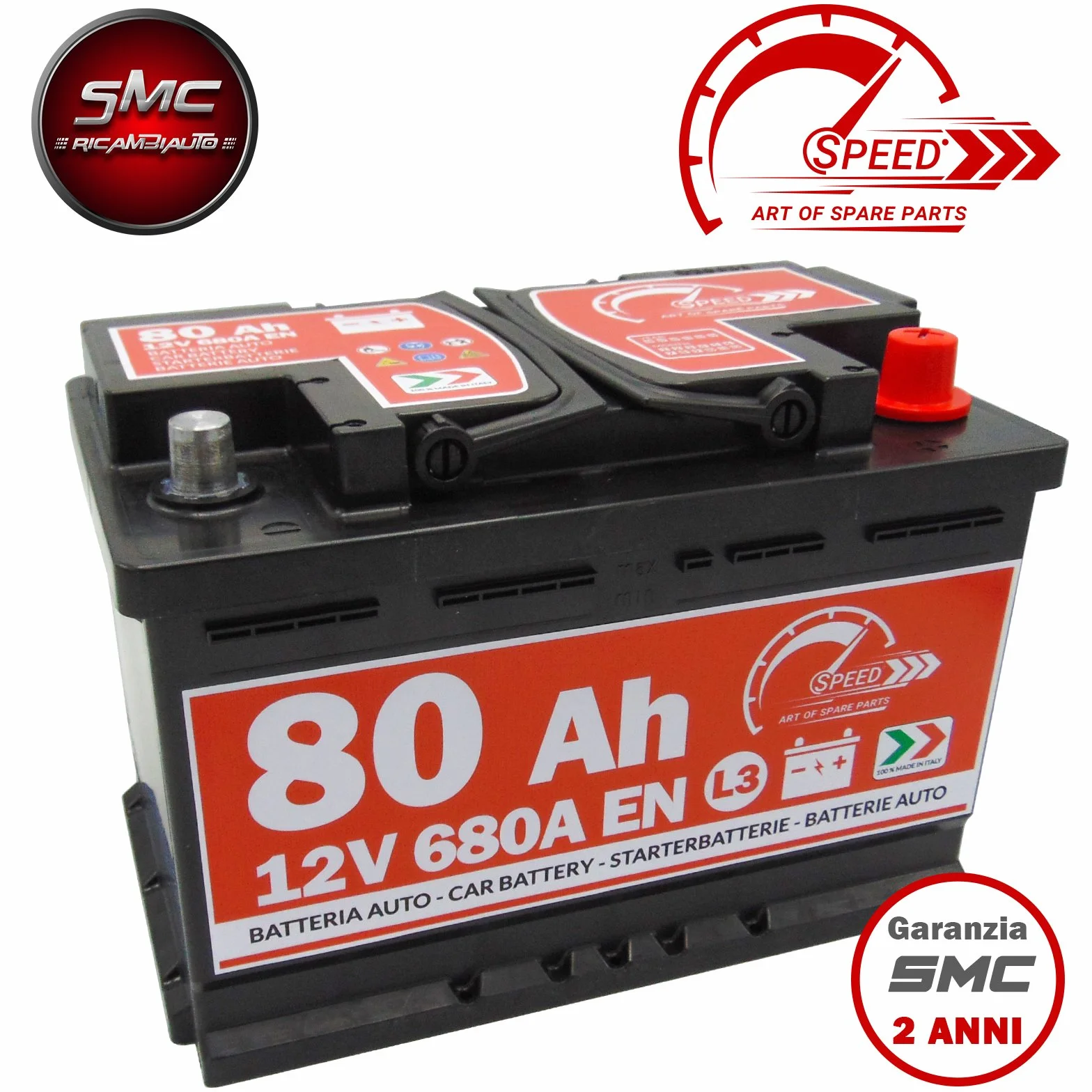 BATTERIA AVVIAMENTO AUTO ORIGINALE SPEED L3 80AH 12V 680A POLO POSITIVO A DESTRA (278x190x175)