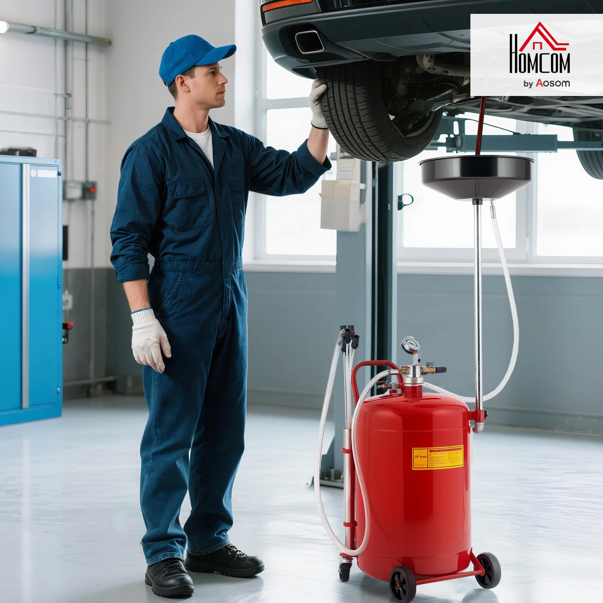 HOMCOM Carrello per svuotamento e recupero di olio usato 80 L, Altezza regolabile 101-141 cm, Carrello portaolio portatile con ruote e maniglia, Rosso