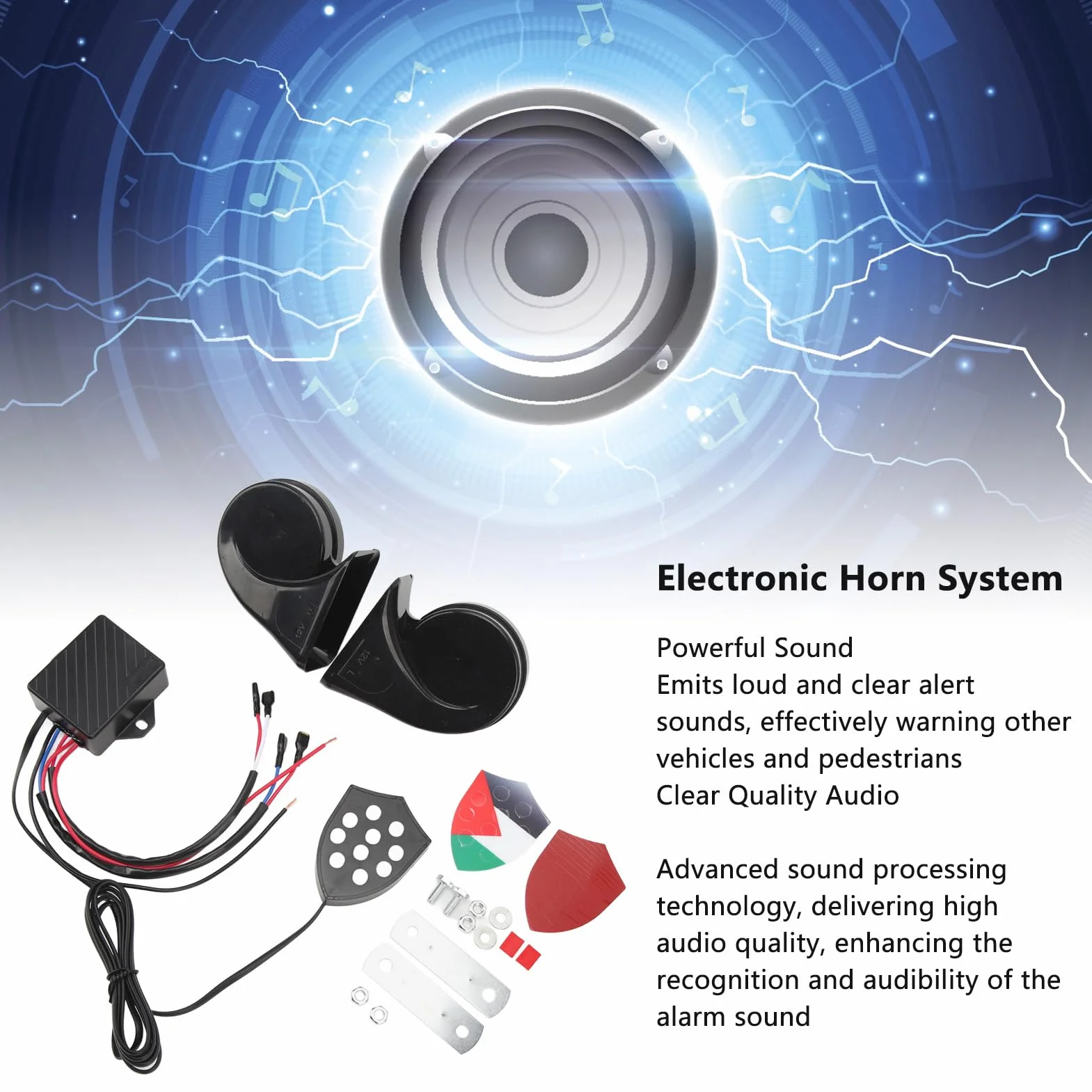 Aramox Clacson Elettronico, Clacson Auto 150dB con Telecomando Universale 12V, Compatibile Berline Camion SUV, Regolatore 10 Suoni Musicali, Modello YC102350-BK
