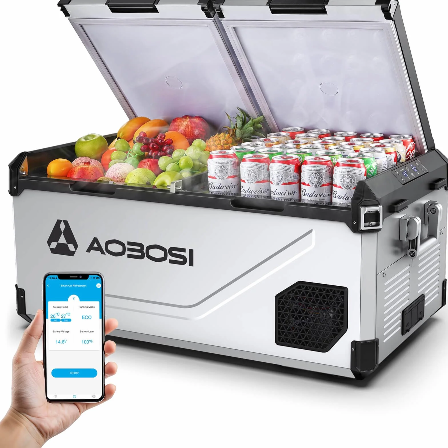 AAOBOSI Frigo Portatile Doppia Zona 75L, Scocca Acciaio Inox & Interno in Alluminio Stampato, 12/24V & 100-240V, Frigo Da Campeggio APP Controllo,Frigorifero Per Auto, Camper，Nautica. Contenitore