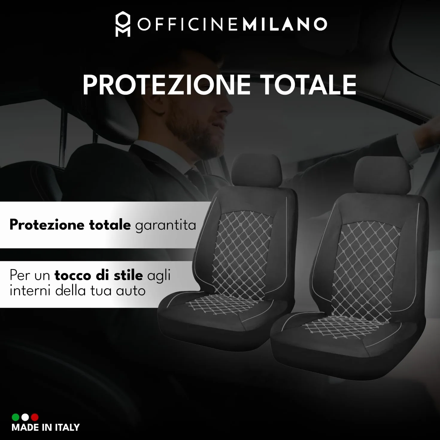OFFICINE MILANO Coprisedili Auto Universali 11 Pezzi Antiscivolo Elasticizzato Trapuntato Poliestere