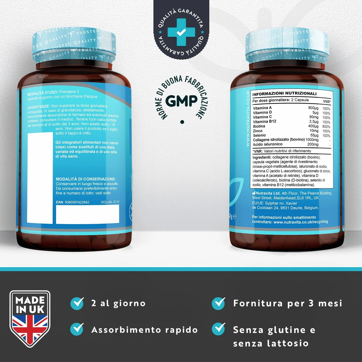Nutravita Collagene e Acido Ialuronico Integratore 180 Capsule 1000mg + 200mg Vitamina C Biotina Zinco Selenio Capelli Pelle Unghie