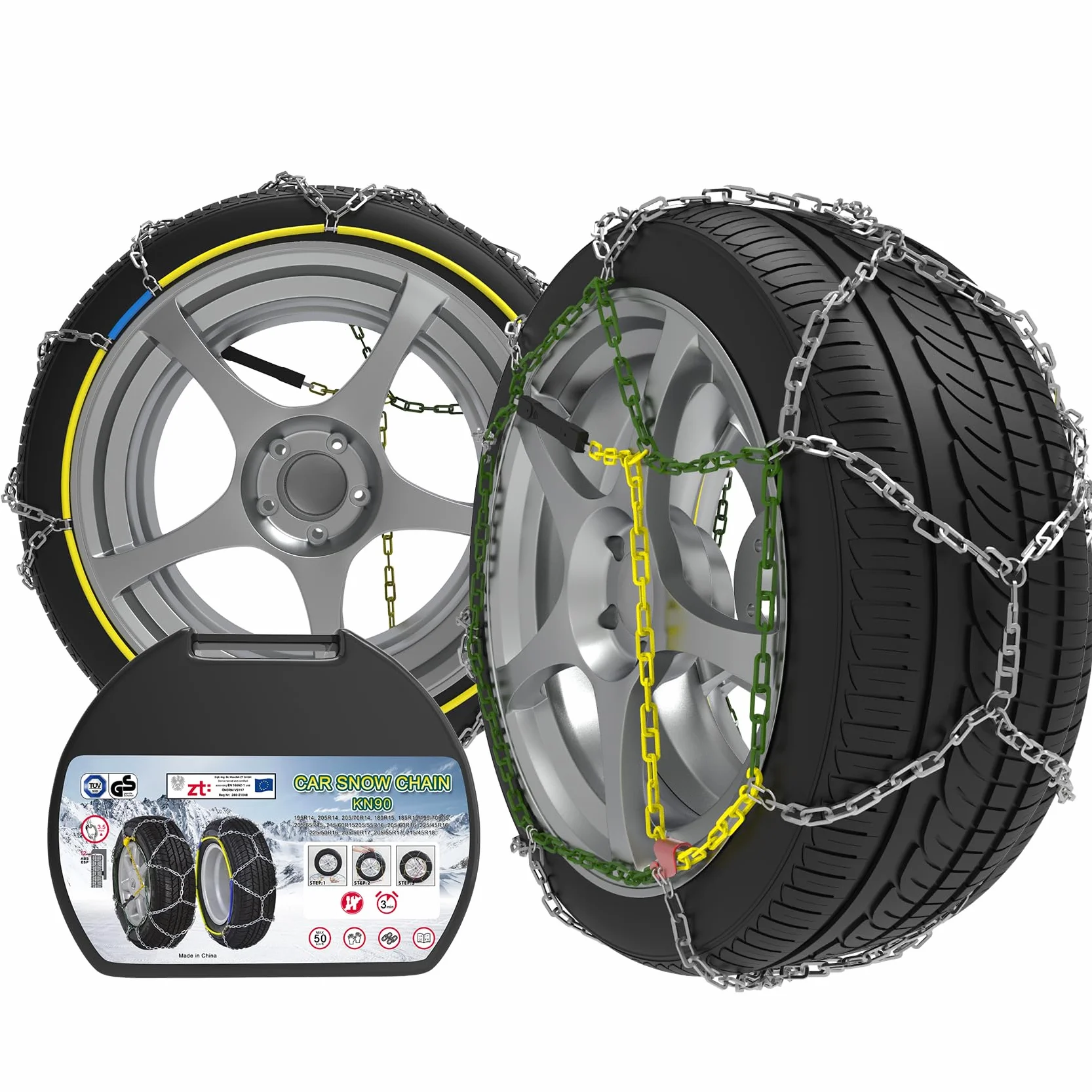 2 Pezzi x 12 mm Catene da Neve in Lega di Acciaio, Catene da Neve Durevoli per Auto con Tenditore (KN 60)
