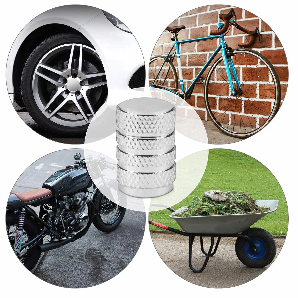 Kwmobile 5X Metal Valve Caps - Universal Car Motorcycle Bicycle Tire Valve Covers - Silver