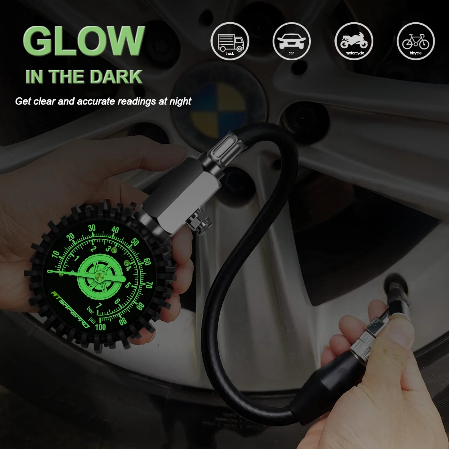 ATsafepro Manometro per Pneumatici 7 bar/100 psi Glow in The Dark Quadrante 2,5" Tubo Flessibile Analogico
