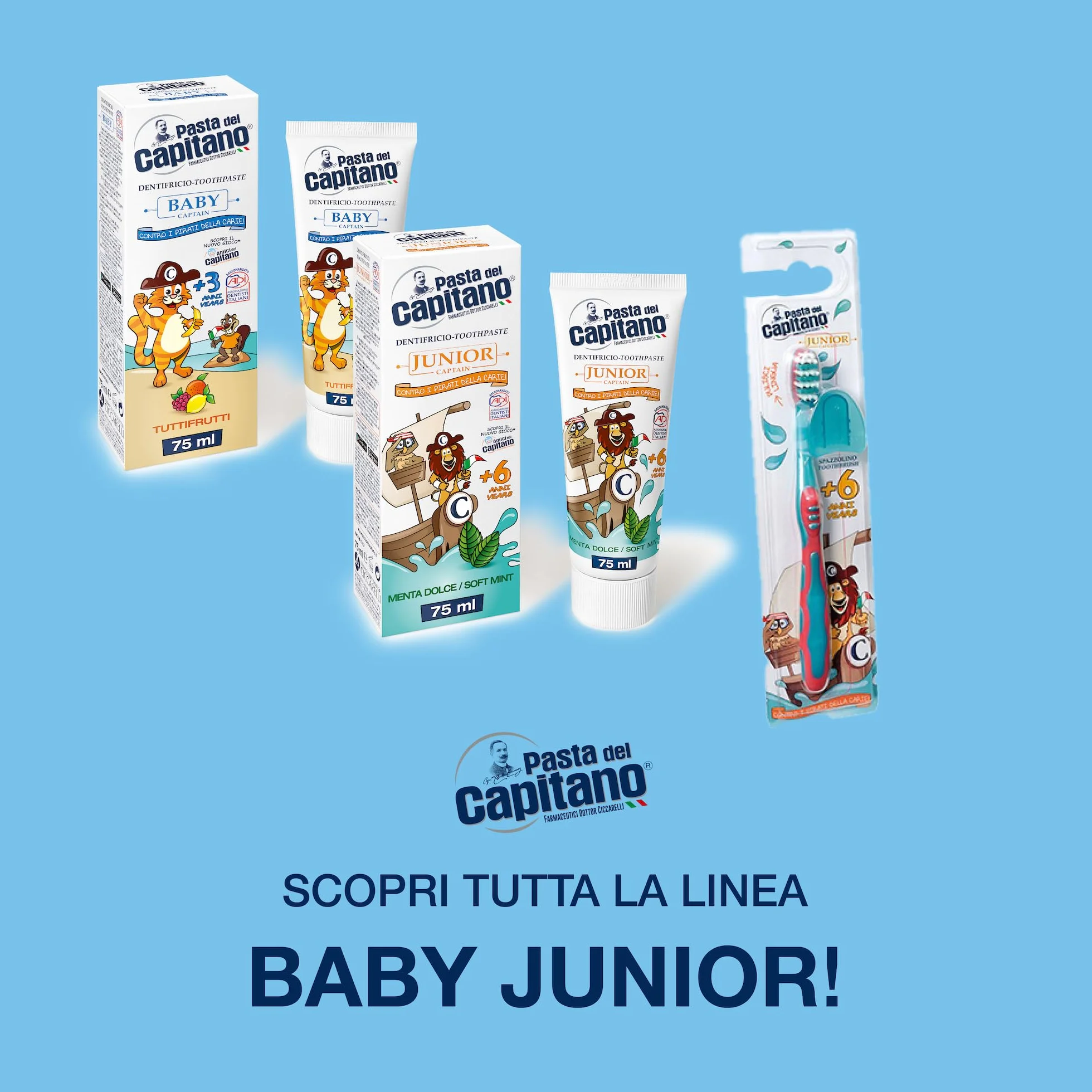 Pasta del Capitano Spazzolino Junior Rimuove Placca Bambini 6+ Anni Pulisci-Lingua Made in Italy