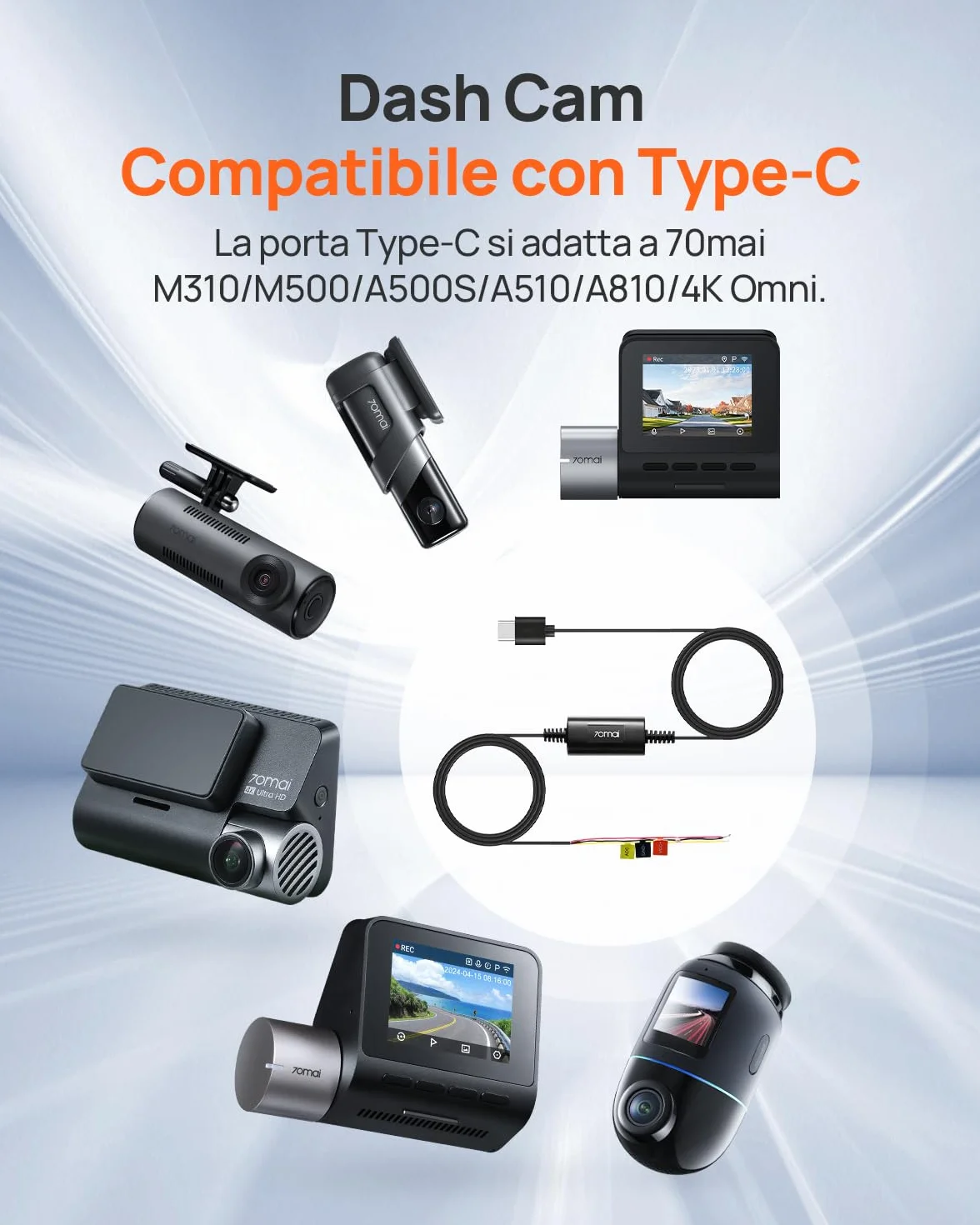 70mai UP03 Hardwire Kit USB-C 12V-30V a 5V/2.4A per Dash Cam Auto 4K Omni (X800), T800, T800E, A810, A800SE, A510, A410 e M310
