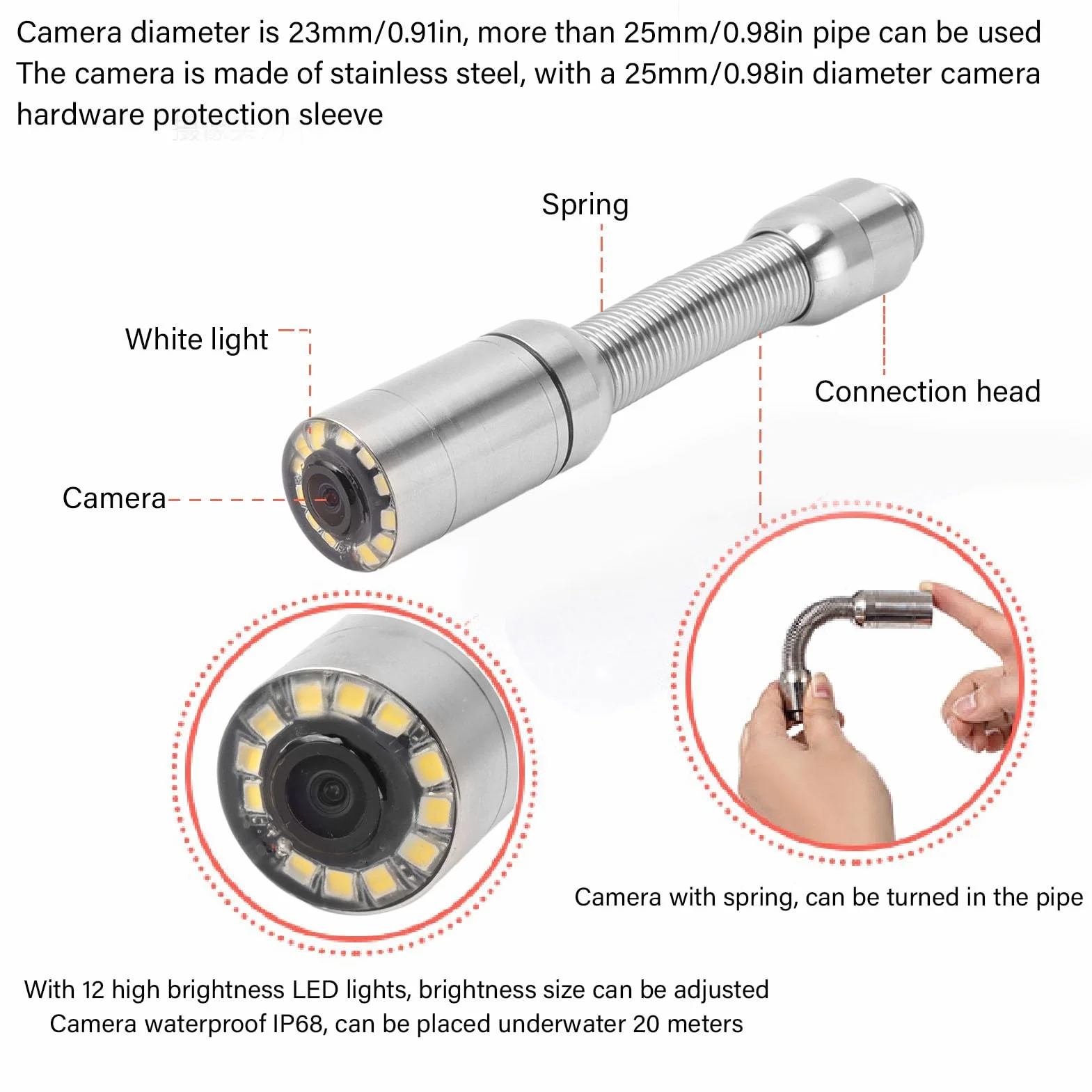 Endoscopio Professionale 23mm Testa Telecamera Ispezione Fognature Acciaio Inossidabile IP68 12 LED