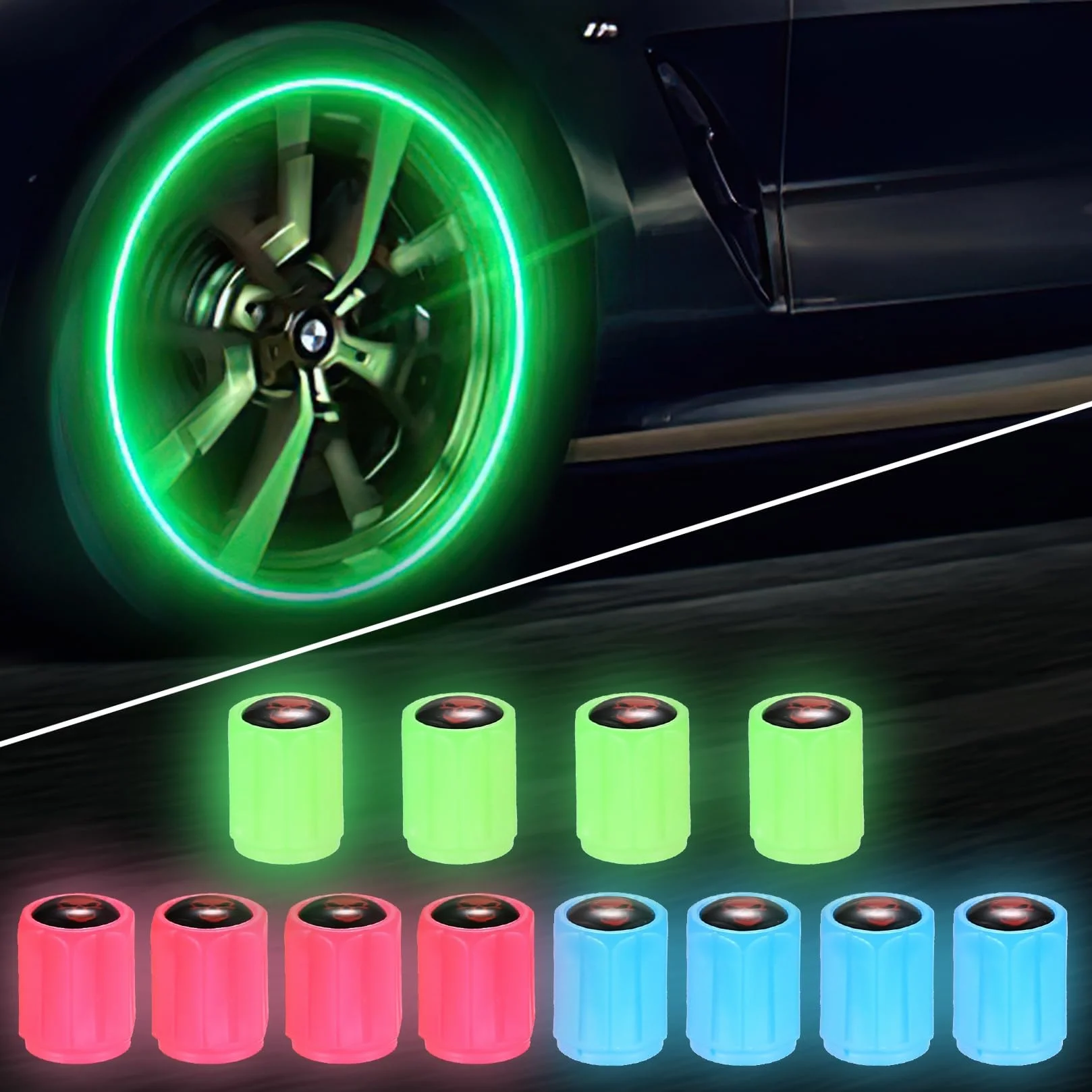 Cappucci Valvole Luminosi Auto 12 Pezzi Tappi Valvola Fluorescenti Universali Teschio per Auto Moto Bici