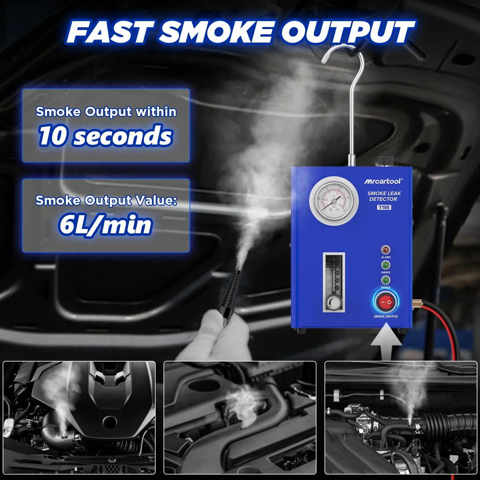 Tester di perdite per automobili T105 con macchina del fumo, pompa dell'aria e manometro, diagnostico EVAP 12V