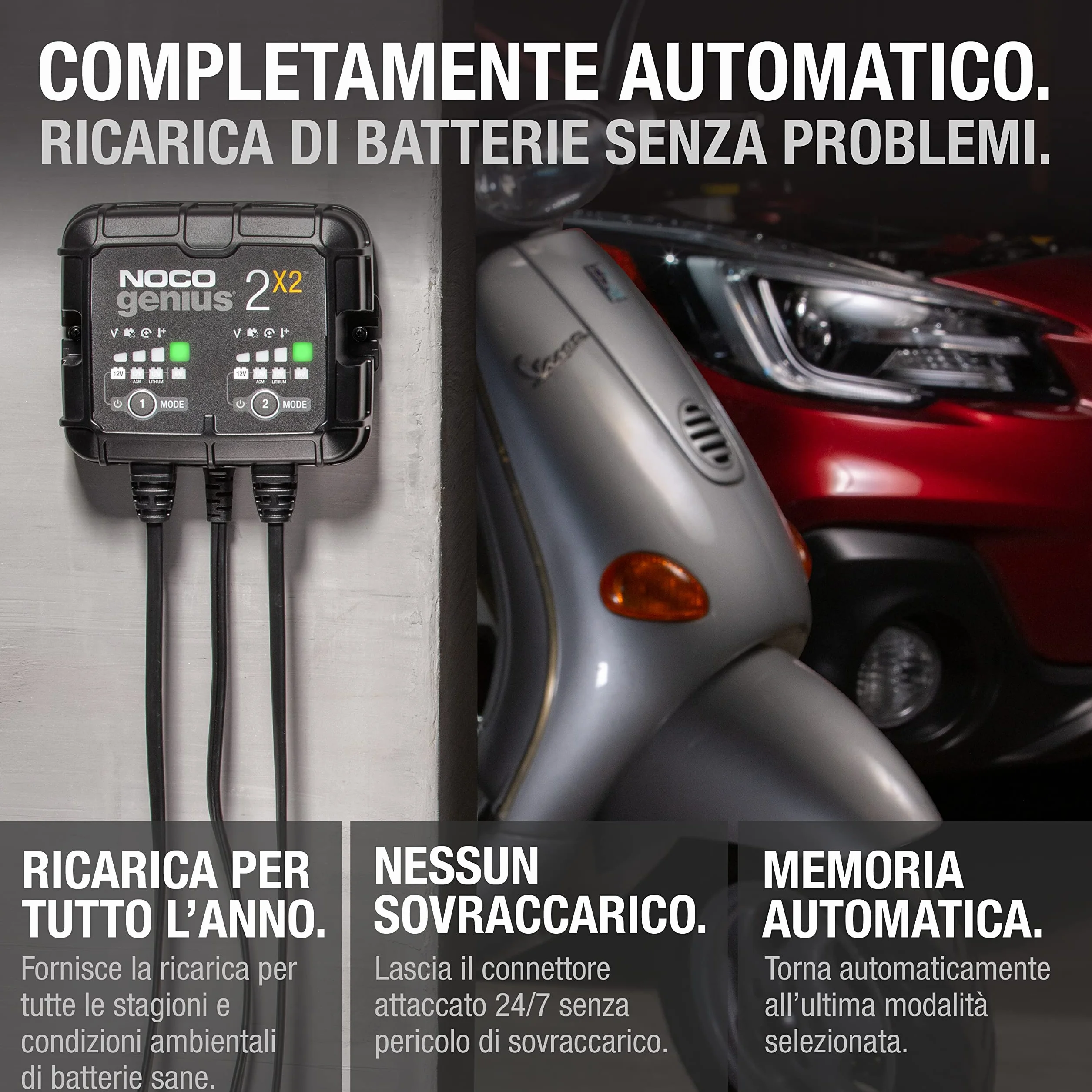 NOCO GENIUS2X2: Caricabatterie Intelligente 4A 2 Canali (2A/Canale) 6V/12V – Mantenitore di Carica e Desolfatatore con Protezione da Sovraccarico e Compensazione Termica – Per Batterie Piombo e Litio