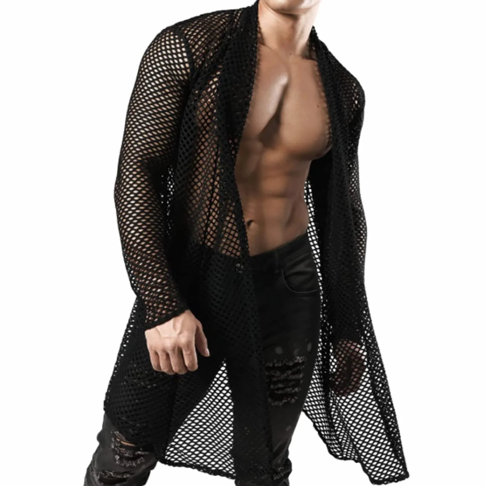 Sexy Style Maschio Cardigan Mesh Street Traspirante Manica Lunga Uomini