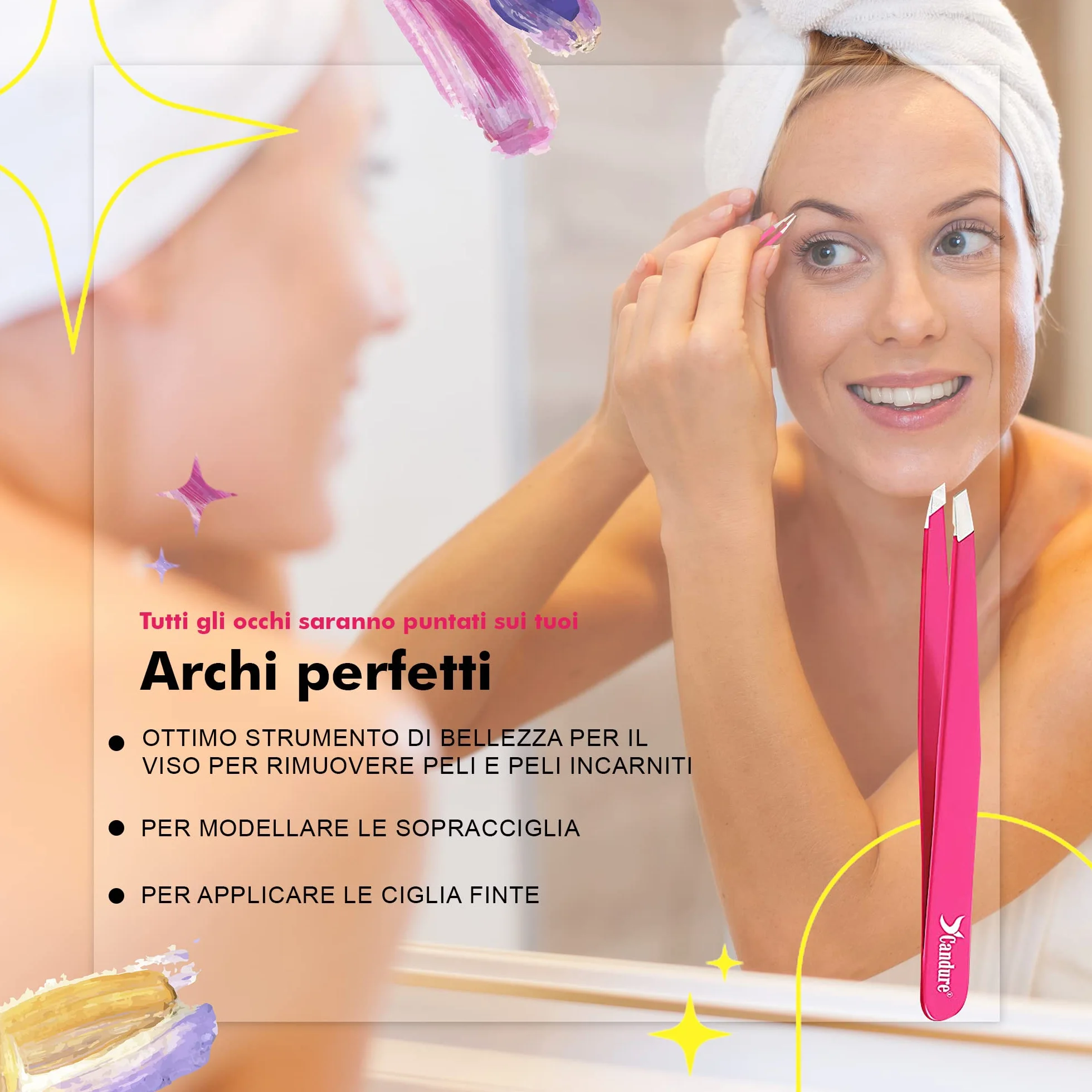 Candure Pinzette Sopracciglia Acciaio Inox Precisione Punta Obliqua Antiscivolo 1 Pezzo Rosa