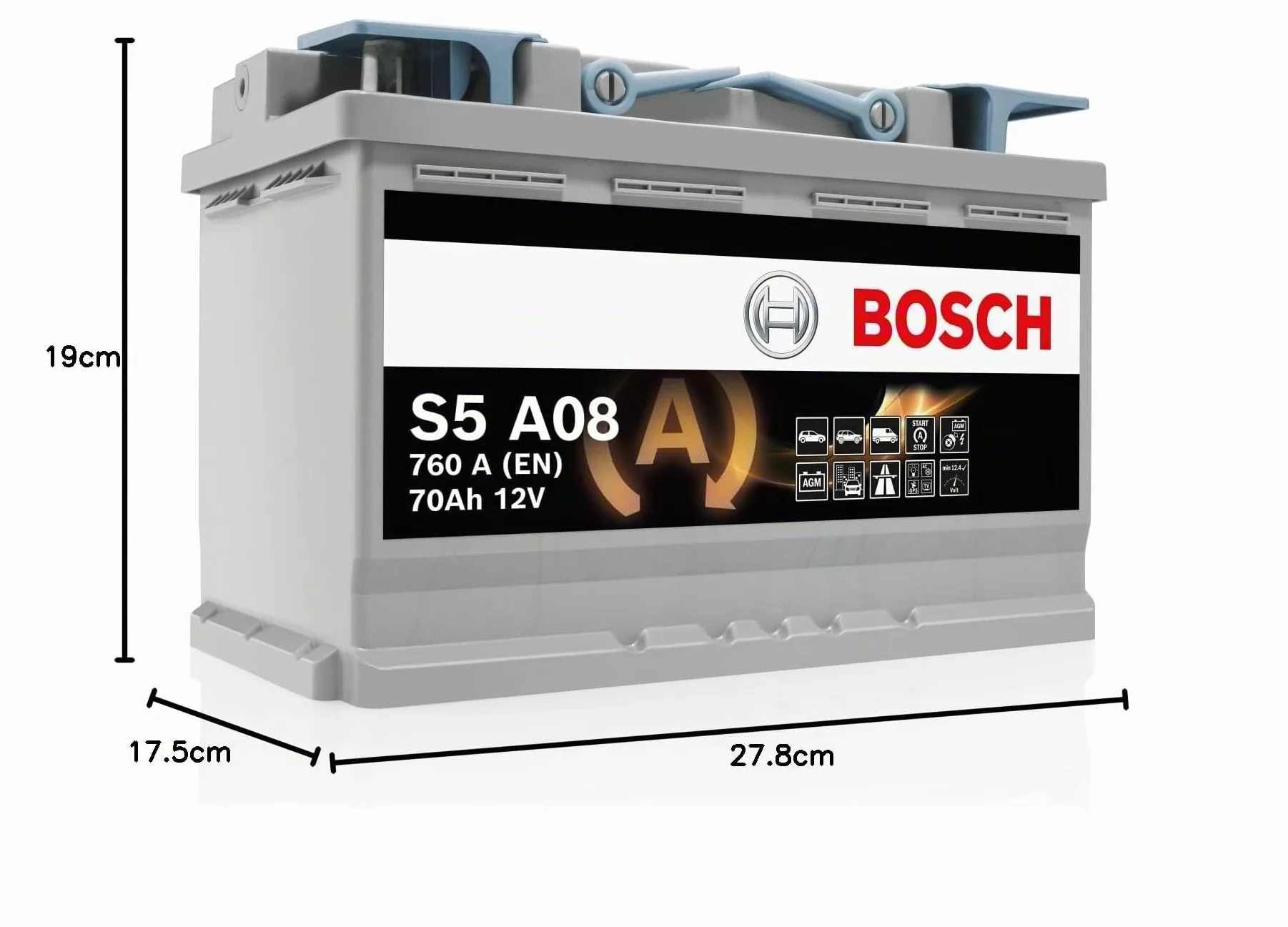 Bosch S5 A08 Batteria Auto AGM 70 A/h - 760 A - 12 V, Batteria AGM al Piombo-Acido per Veicoli con Sistema Start/Stop, Polarità: Sinistra (-) Destra (+), 278 x 175 x 190 mm