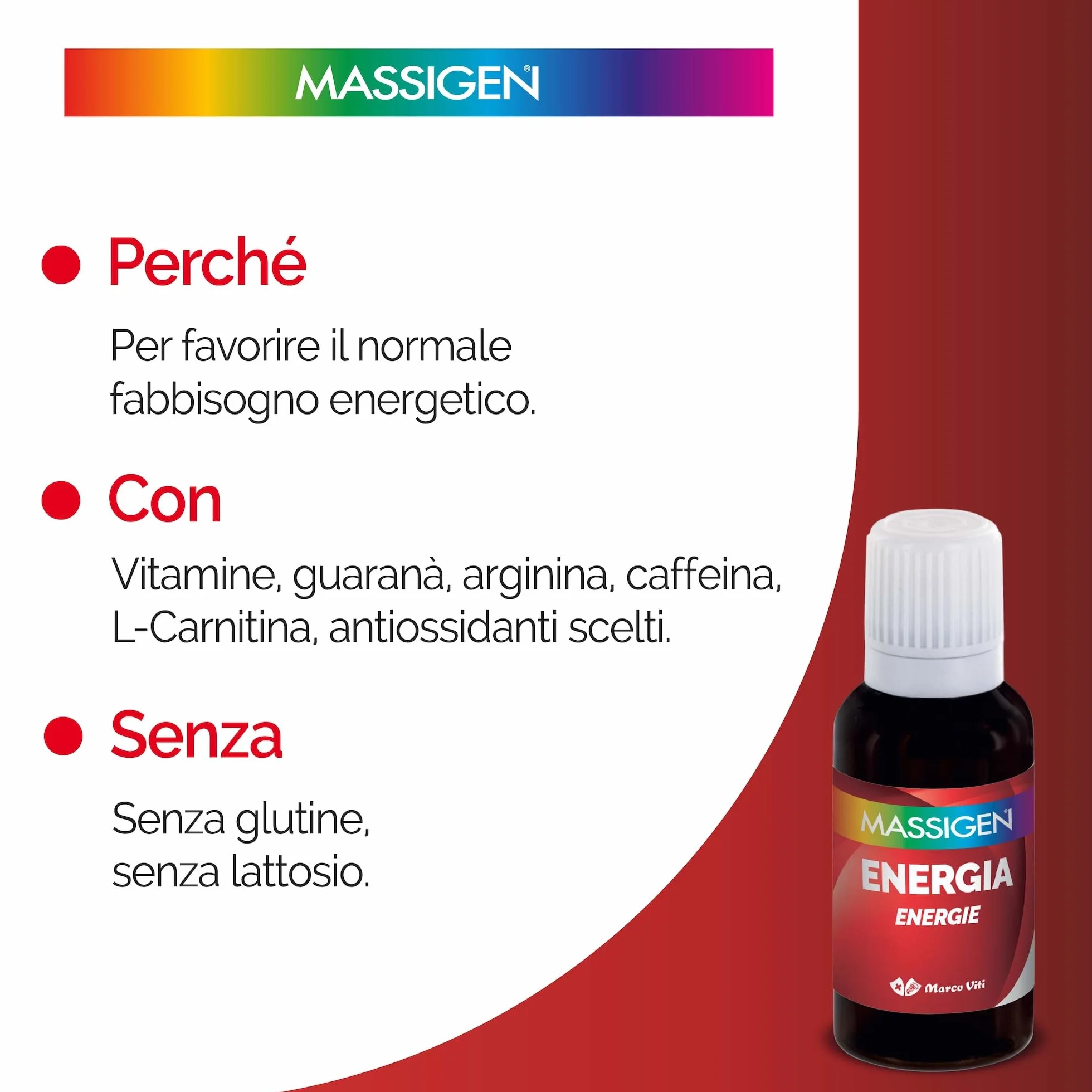 Massigen Tonico Energia Integratore Energetico con Ginseng e Guaranà 10 Flaconcini 25 ml Senza Glutine