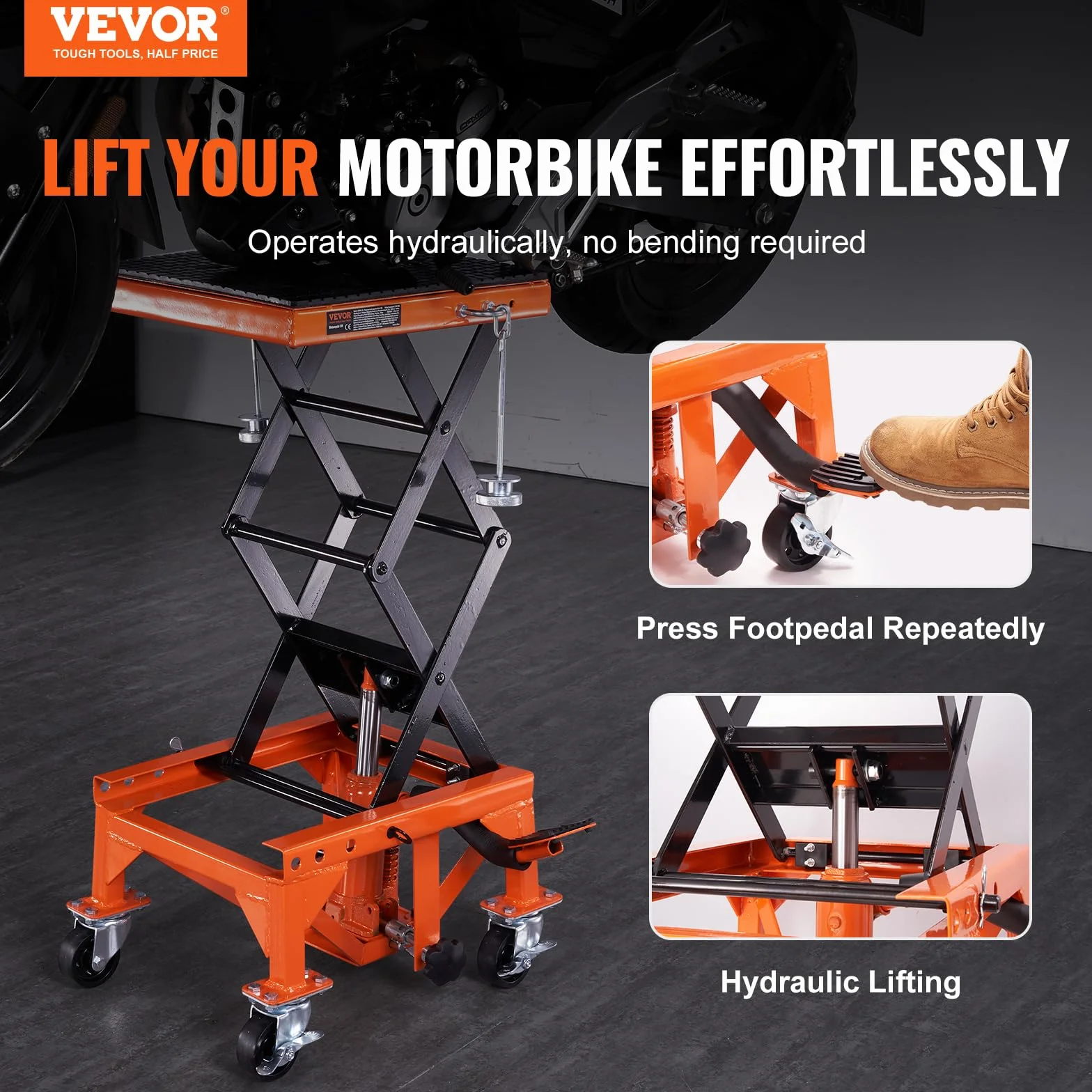 VEVOR Ponte Sollevatore Idraulico a Forbice per Moto da Officina Capacità Max. 158kg Altezza Regolabile 34-90,5 cm, Ponte Sollevatore Alzamoto da Officina Operazione Idraulica Piattaforma 41,5 x 35 cm