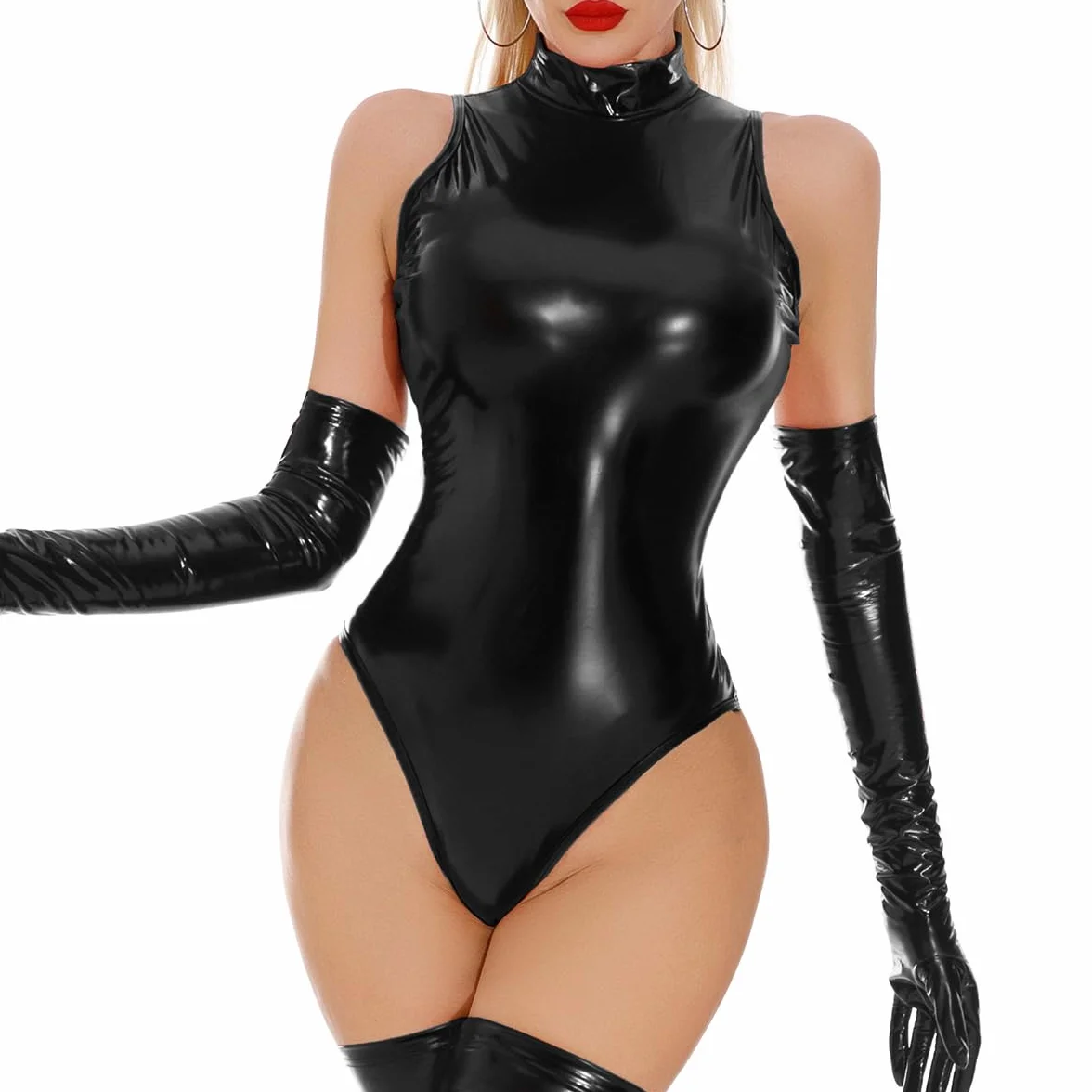 Body da donna in lattice nero in pelle PU lingerie set sexy effetto bagnato Pvc Catsuits Rave abiti Body Cat Suit