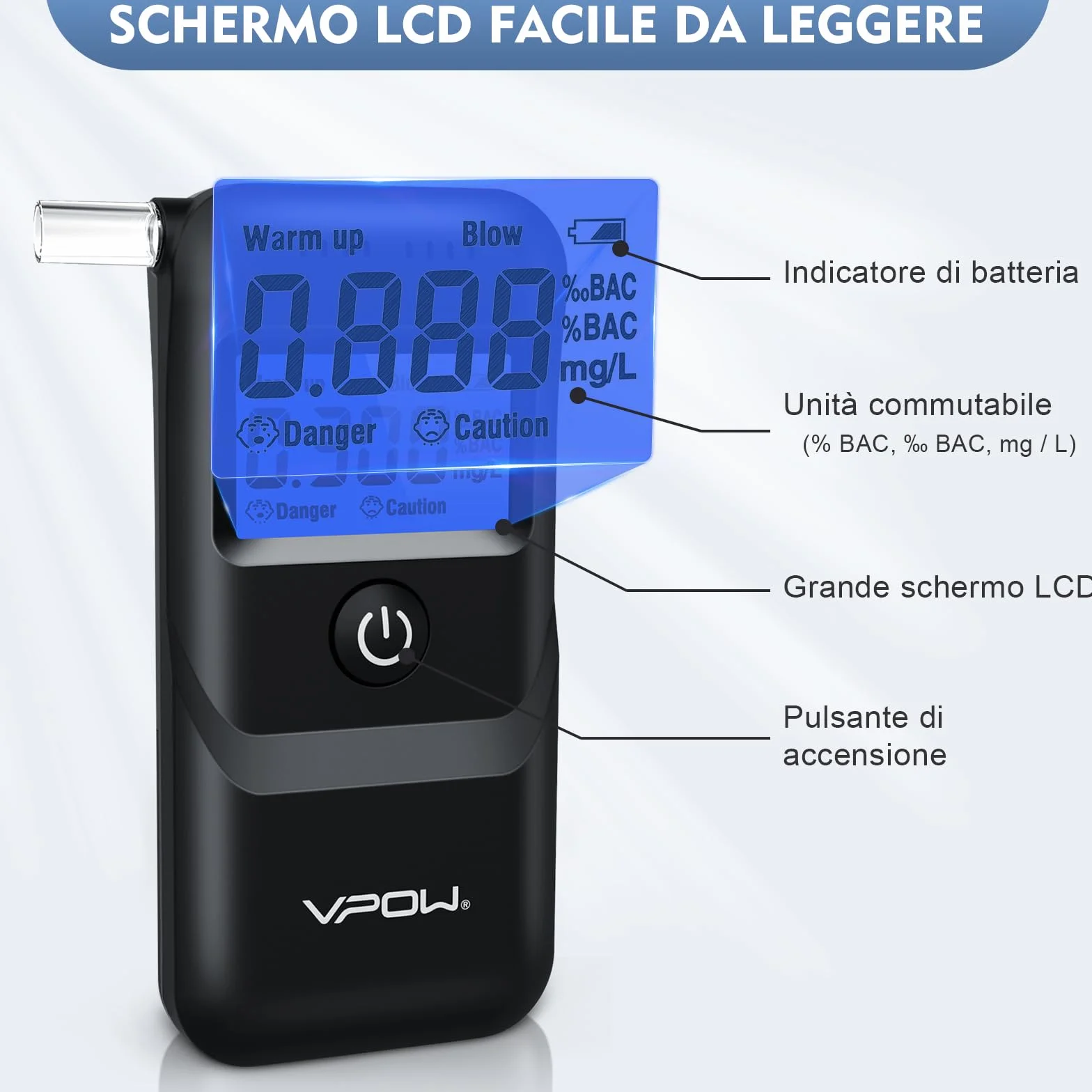Etilometro Portatile Certificato VPOW con Display LCD Blu, Precisione di Grado, per Uso Domestico e Professionale - Nero Scuro