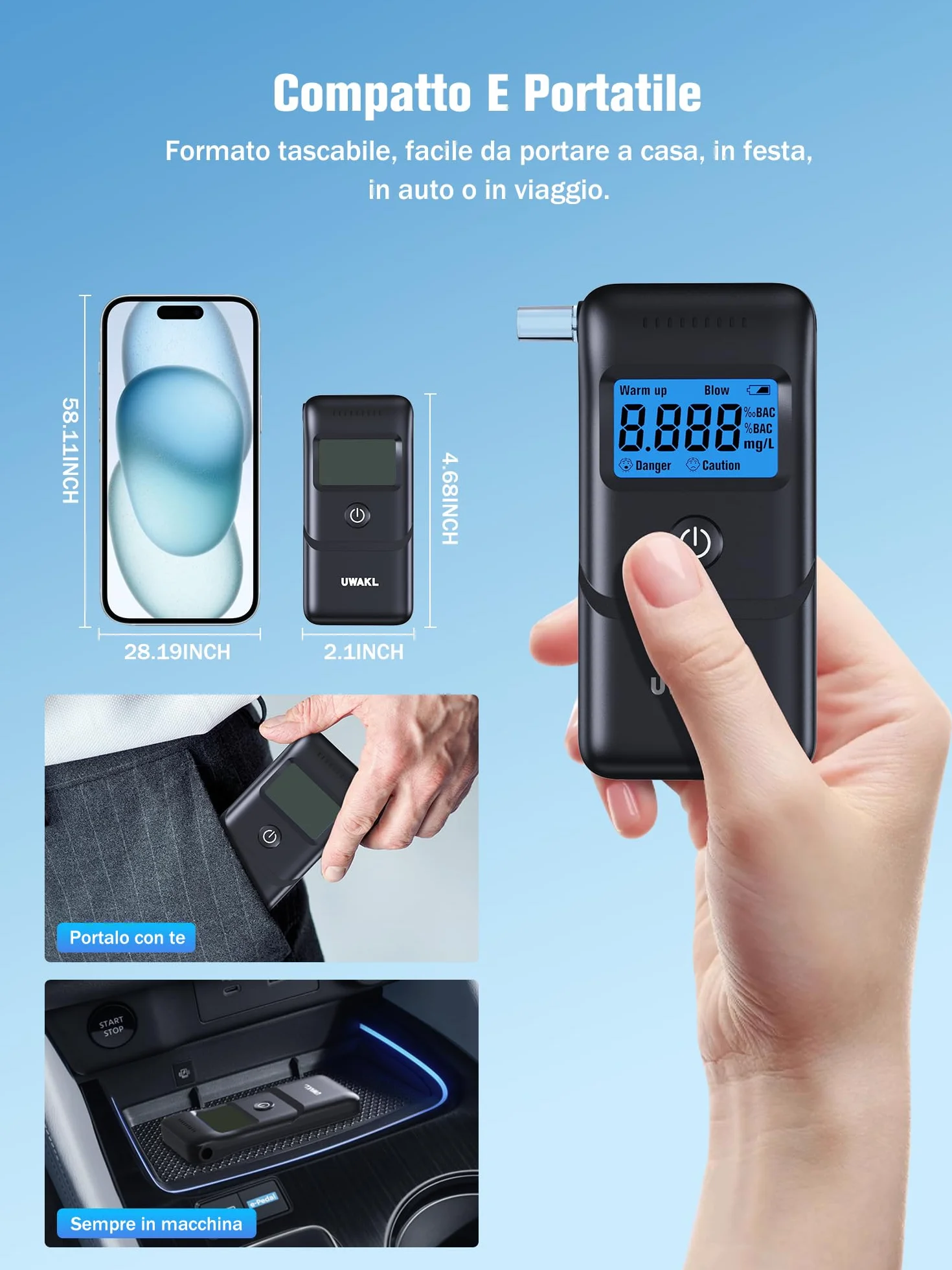 Etilometro Portatile Certificato Alcol Test Professionale con Display LCD Blu Digitale 10 Bocchini