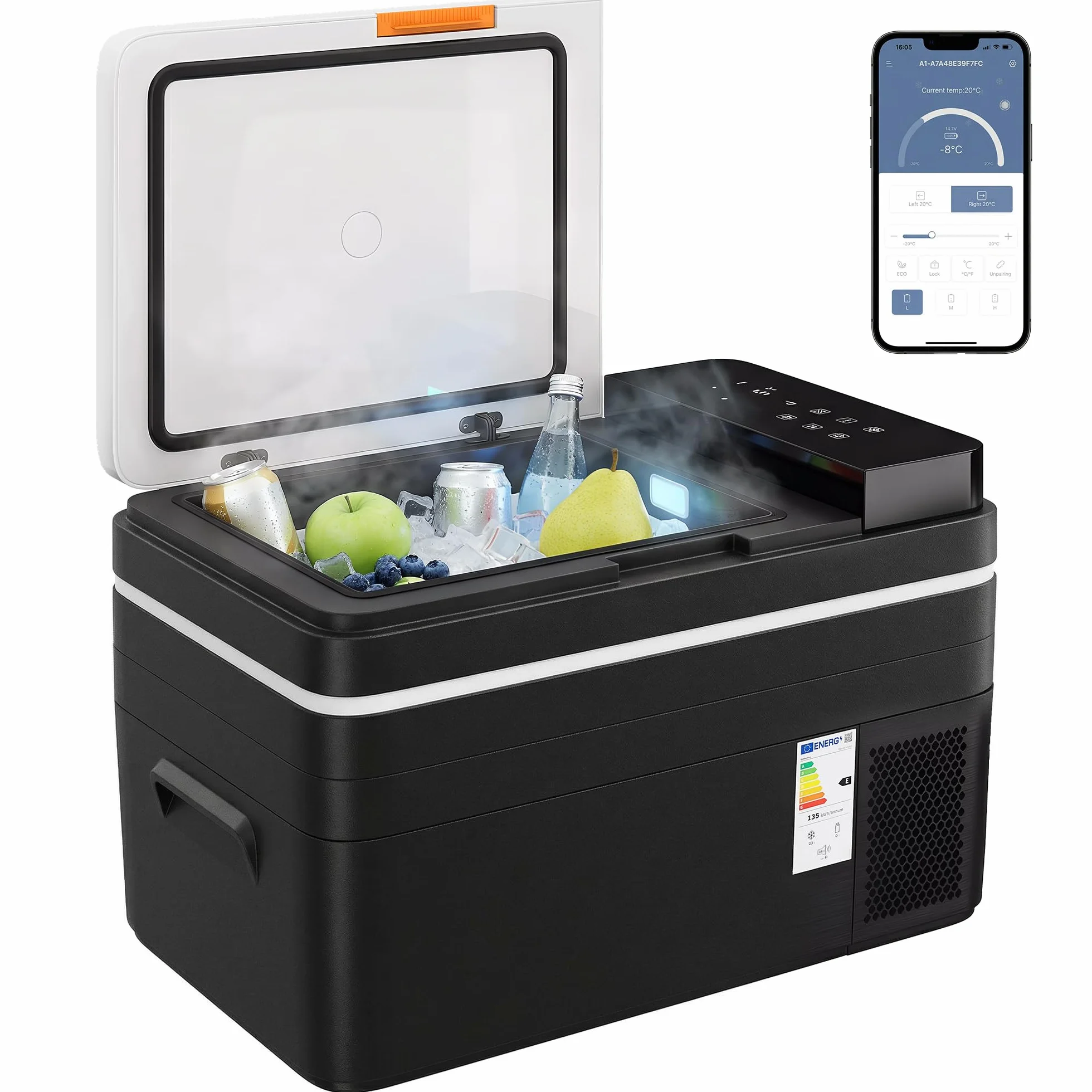 Outsunny Frigorifero Portatile per Auto 30L con Compressore, Frigo Portatile Elettrico Anti-Shock, APP Bluetooth, 12/24V DC e 100-240V AC, -20°C a 20°C, per Campeggio Camion Barca Camper, Nero