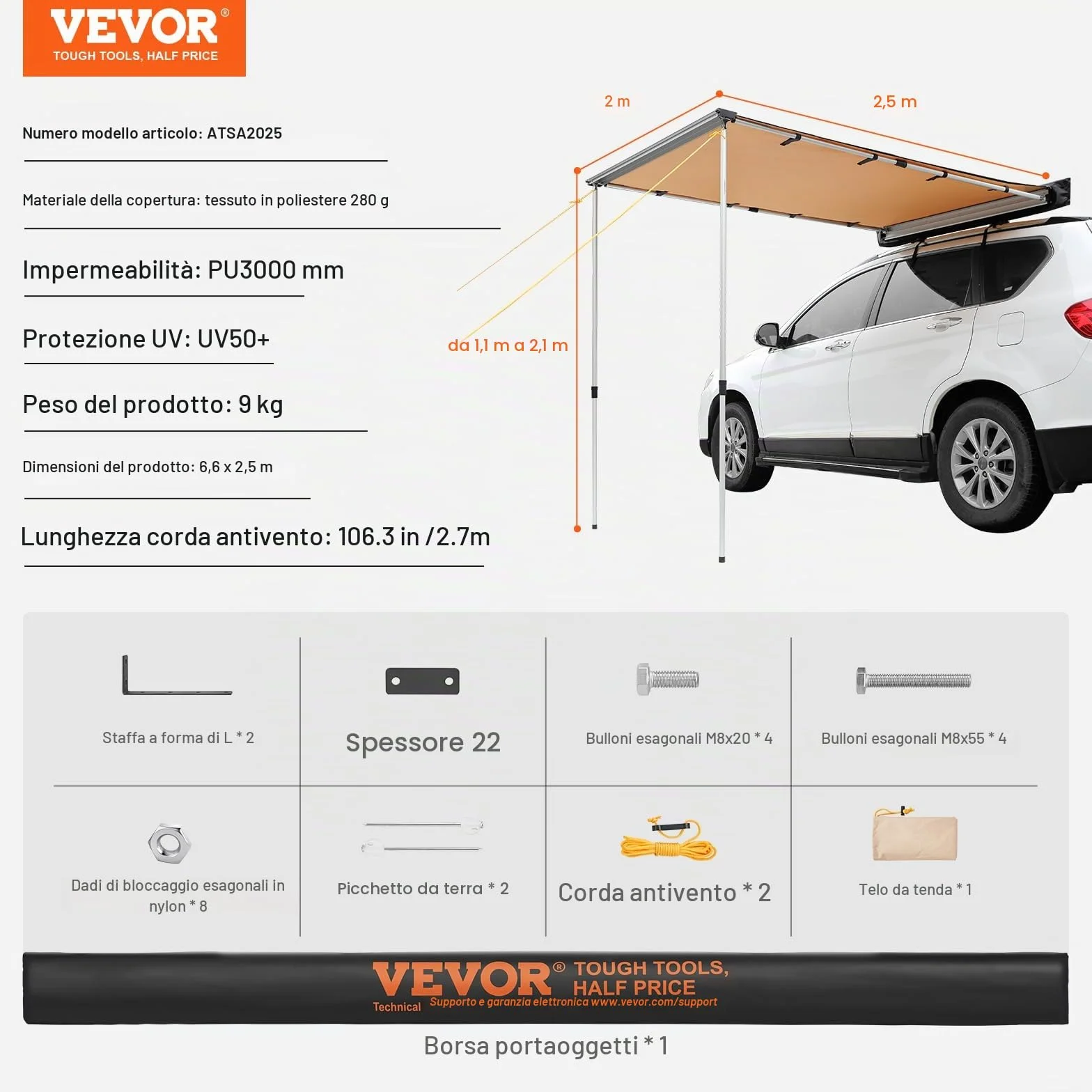 VEVOR Tendalino Laterale Retrattile 2x2,5 m Impermeabile UV50+ PU3000 per Auto Camper SUV