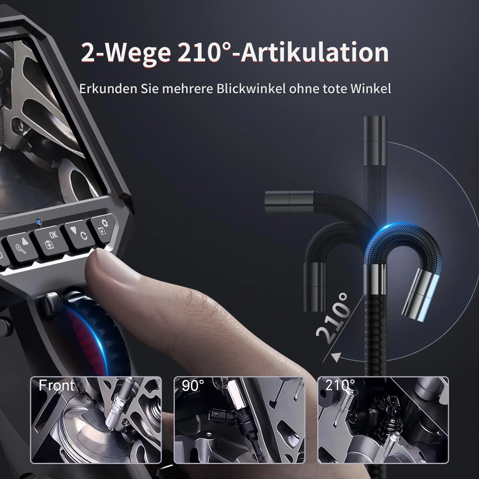 Ralcam Telecamera Endoscopica Rotante 210° Schermo HD 3,5" Sonda 6,2mm Semi-Rigida Impermeabile Cavo 2m