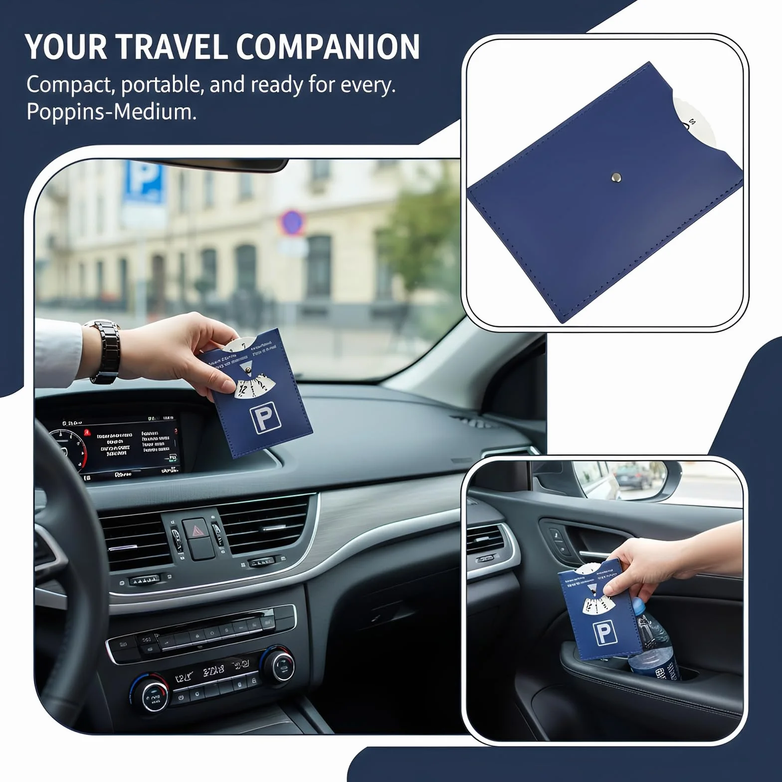Disco Orario in Pelle Sintetica Blu 11x15cm Multilingue per Auto Camper