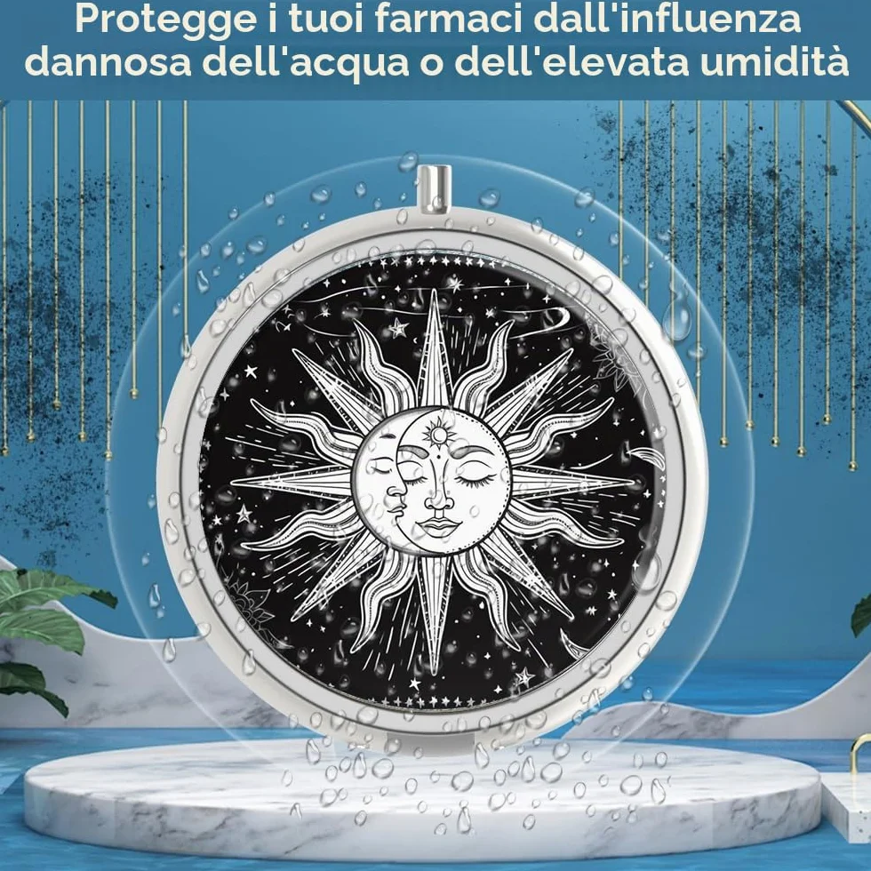 Portapillole Metallico 3 Scomparti Portatile Organizer Medicina Vitamina Sun and Moon