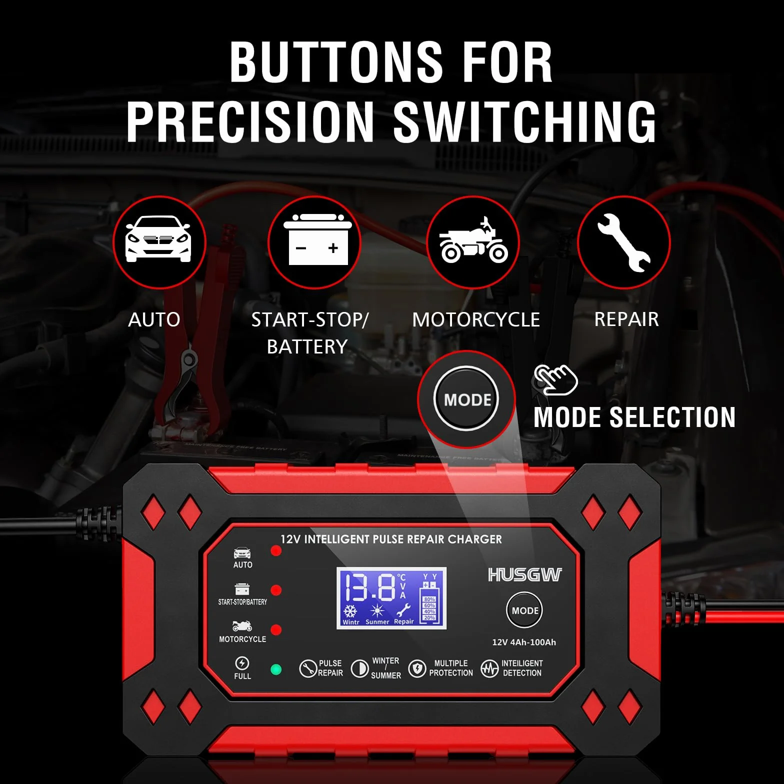 Caricabatterie Intelligente 12V 6A con Riparazione Automatica Display LCD per Auto Moto Camion AGM Gel SLA 2-100Ah