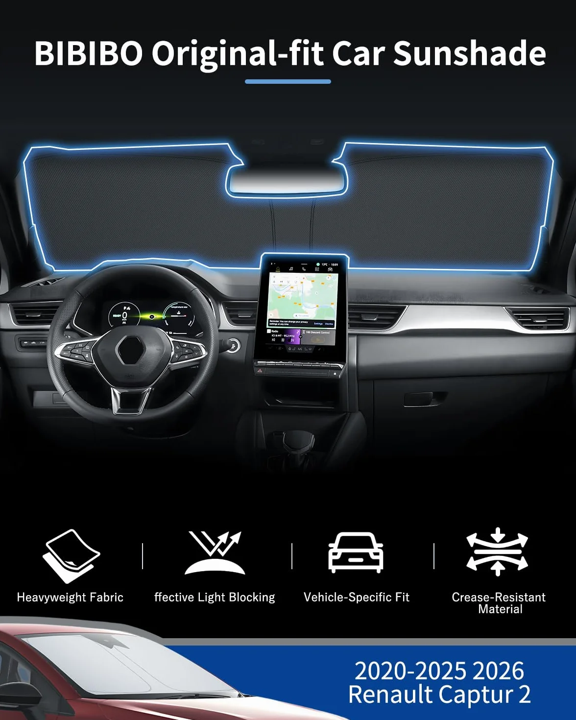 BIBIBO Osłona przeciwsłoneczna do Renault Captur 2 2020-2025 2026, UV, przednia szyba, parasole, antyplis, akcesoria