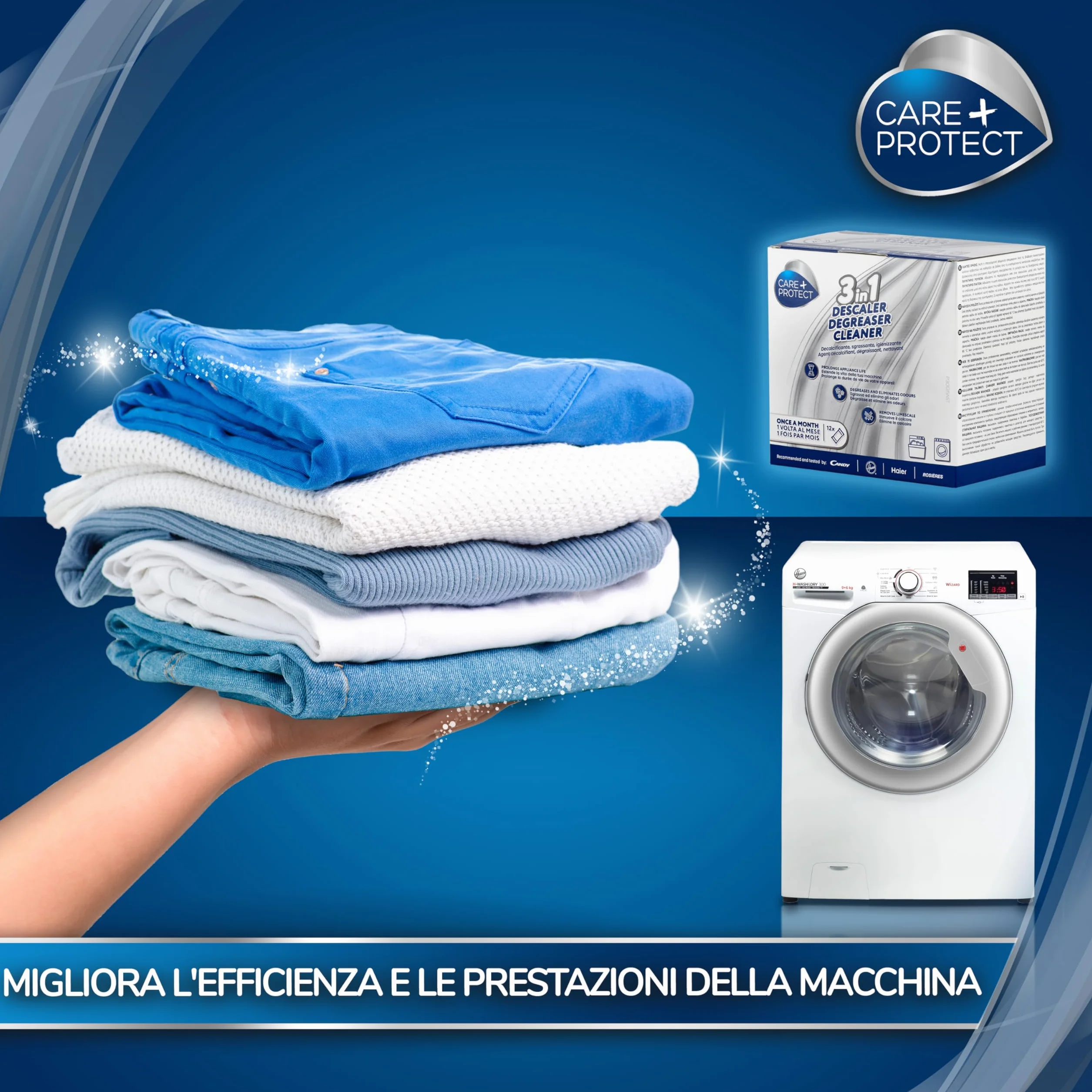 CARE + PROTECT 3 in 1 Anticalcare Sgrassante Igienizzante per Lavastoviglie Lavatrice 6 Bustine