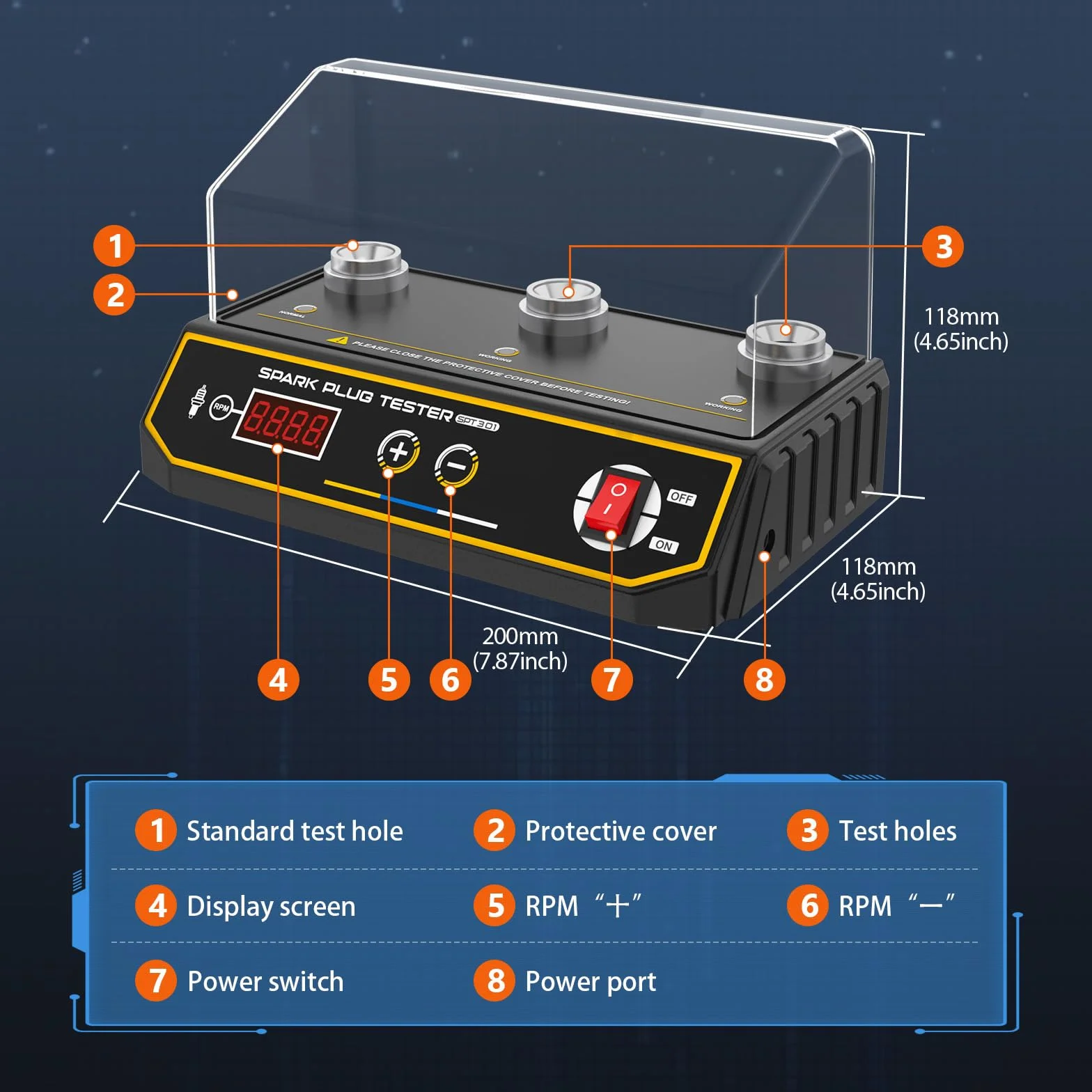 Tester per candele di accensione 220 V 200-9000 giri/min presa 12 mm a tre fori