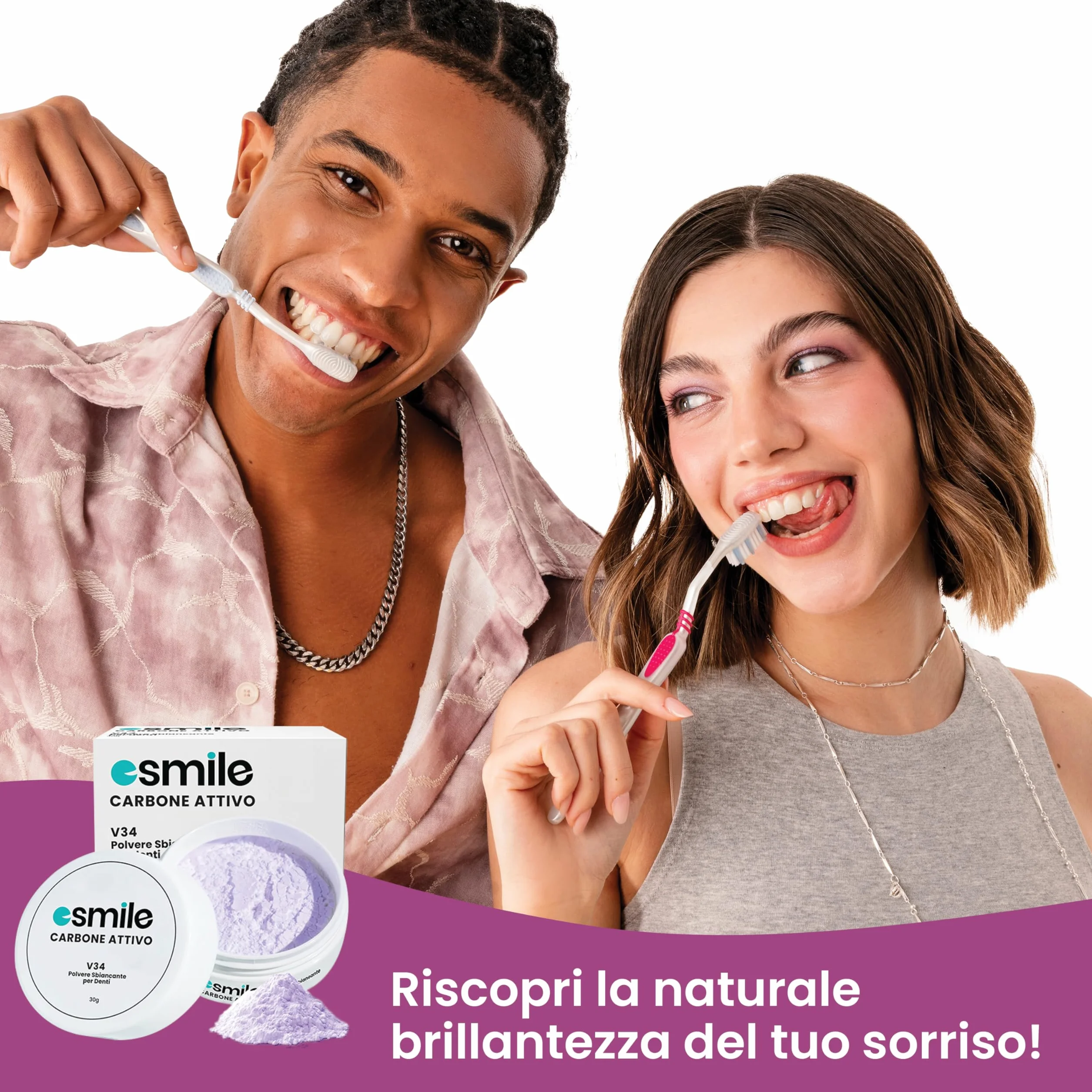 ESMILE Polvere Sbiancante Denti Immediato Carbone Attivo Naturale Menta Sbiancamento Professionale Pasta Denti Bianchi 30 gr