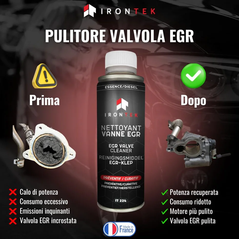 IRONTEK Pulitore Valvola EGR Diesel e Benzina 300ml | IT224 | Senza Smontaggio | Elimina Calamine e Depositi | Uso Preventivo e Curativo
