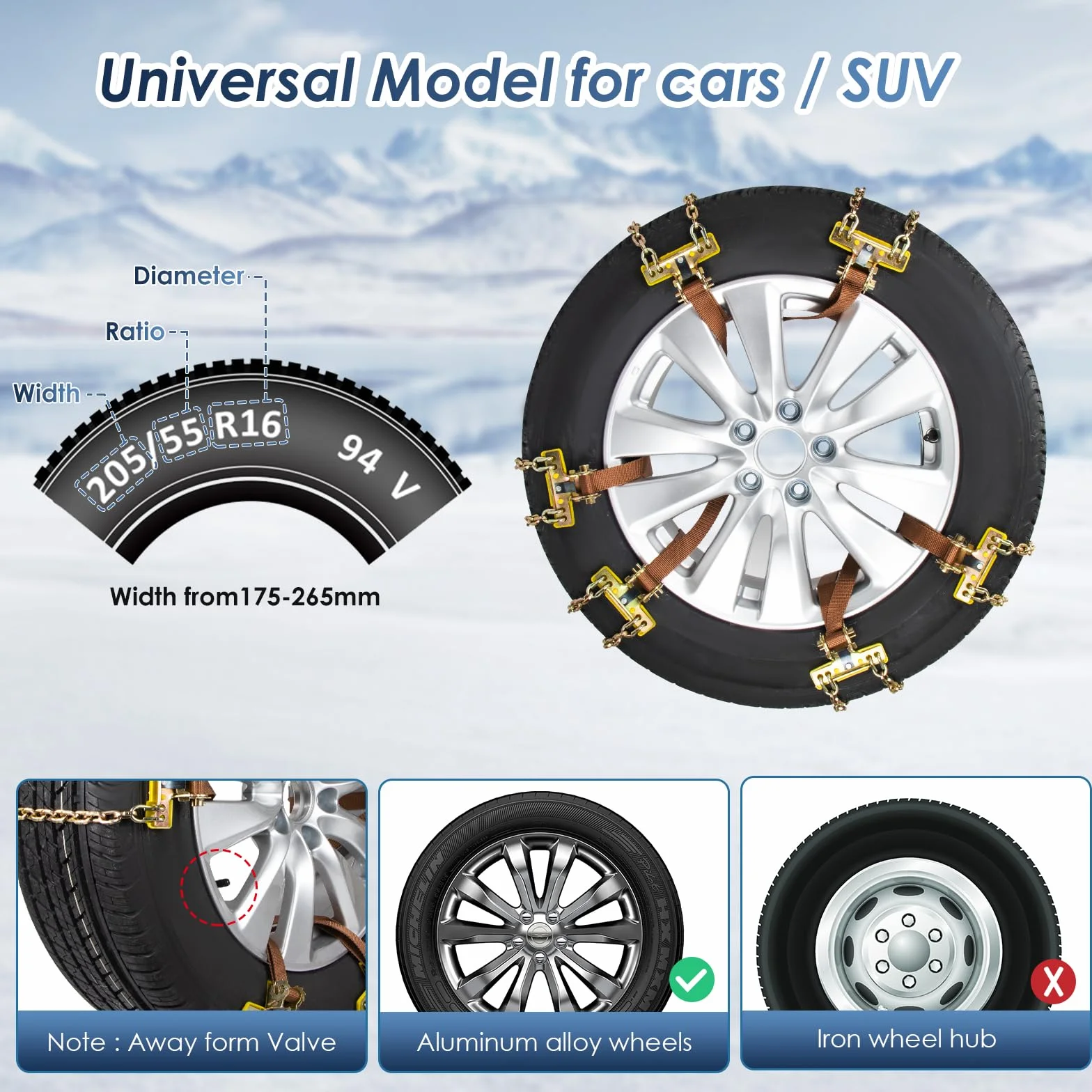 6 Pezzi Catena da Neve per Auto Ninonly Universali Catene Auto di Emergenza Antiscivolo Catene da Neve Facili da Montare per Qualsiasi Pneumatico con Grandezza Compresa fra 165mm-265mm