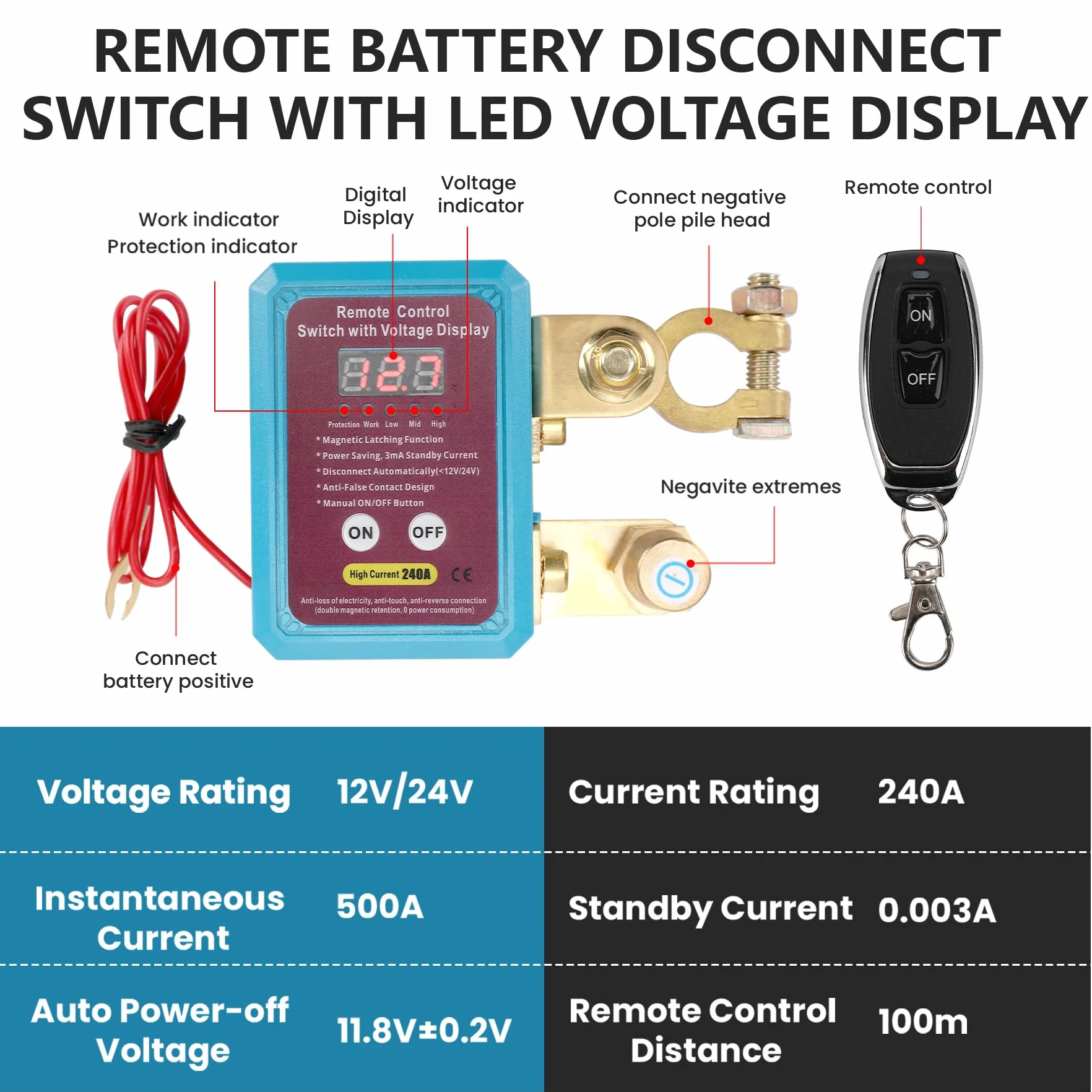 Stacca Batteria 12V per Auto con Telecomando, 240A Remoto Auto Stacca Batteria Senza Fili con LED Display, 12V Staccabatteria Automatico Interruttore di Scollegamento Batteria per RV ATV Camion Barca