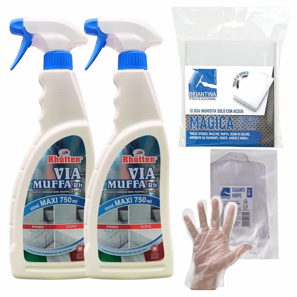 Detergente Spray VIA MUFFA Sbianca Macchie Nere Igienizza Muri Piastrelle Fughe 750ml + Spugna Magica + Guanti HDPE Monouso 2 Flaconi