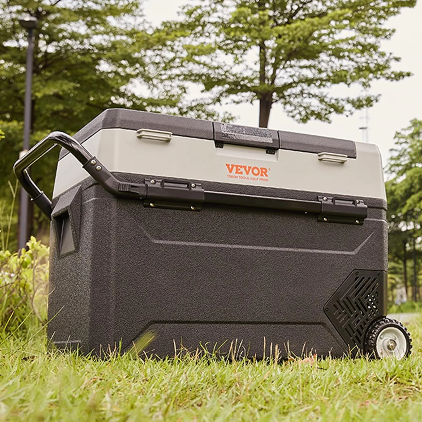 VEVOR Frigo Portatile per Auto, 53 Litri Frigorifero Compressore Congelatore Elettrico CC e CA per Campeggio con Manico Telescopico e Ruote 0,6kW.h da -20°C a 10°C Regolabile per Auto Camion Barca