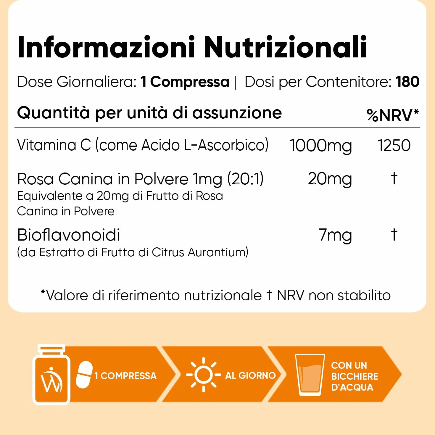 Vitamina C 1000mg Vegana con Rosa Canina 180 Compresse Integratore Acido Ascorbico Bioflavonoidi