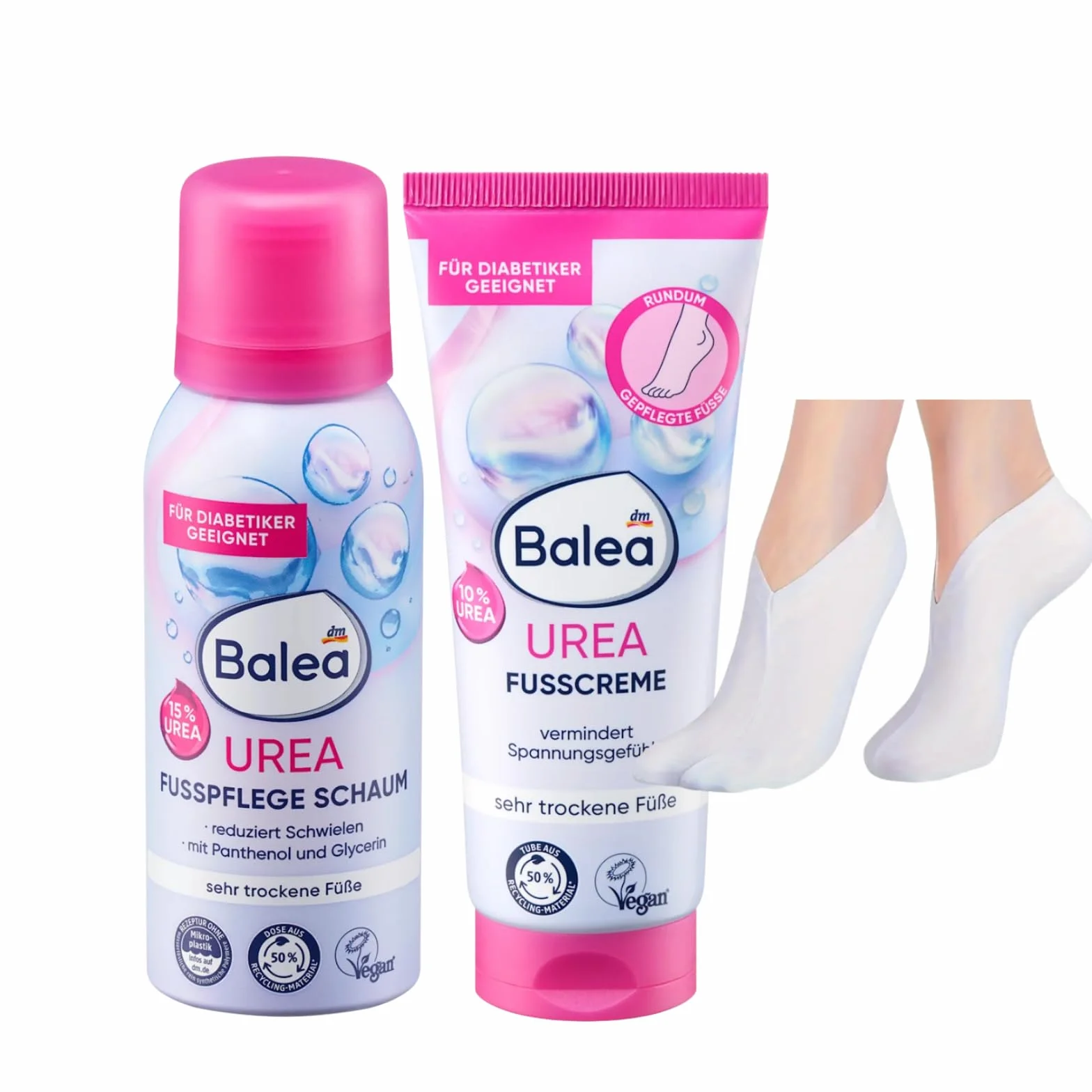Balea Set da 2 Schiuma per la cura dei piedi Urea 100 ml + Crema per piedi con urea 100 ml + calzini bonus