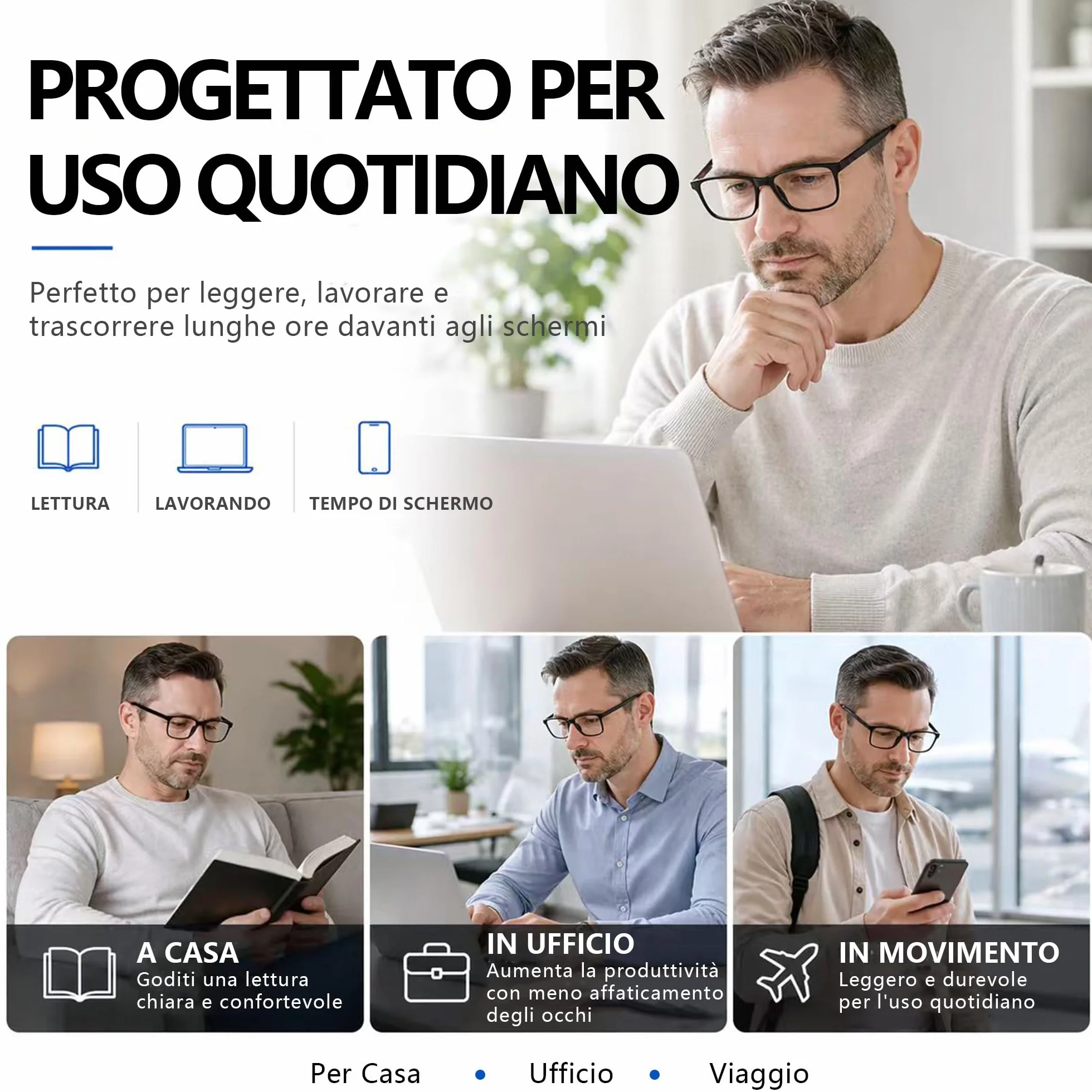 Occhiali da Lettura Anti-Luce Blu con Cerniere a Molla e Design Antiscivolo – 3 Paia