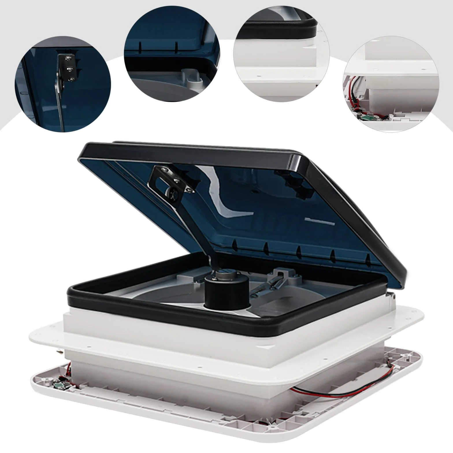 Oblò Camper 36x36 Lucernario per Tetto Ventilatore 12V LED 6 Velocità Motore 5W 20-65dB Kit Camperizzazione Bianco/Nero